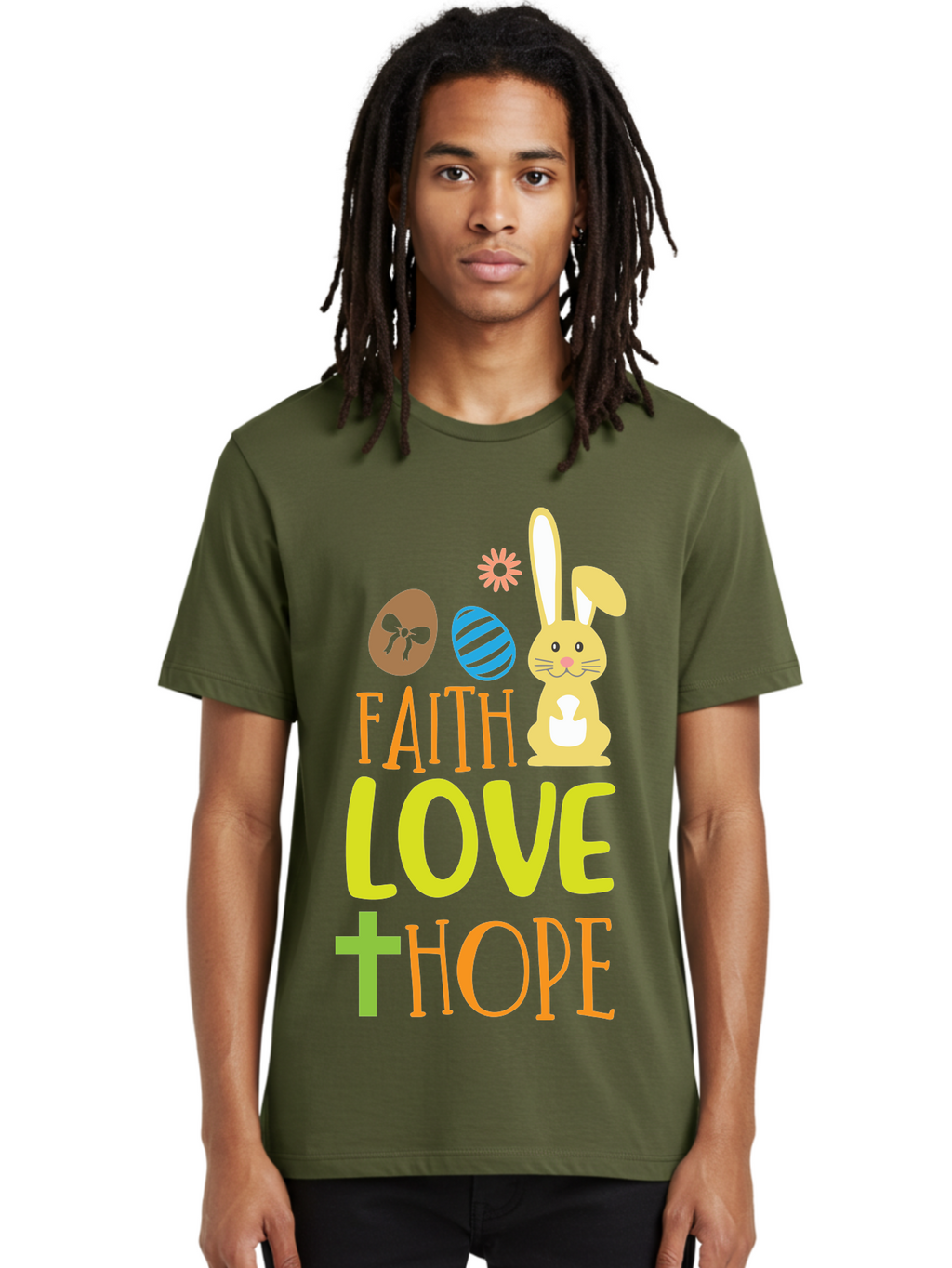 Faith-Love-Hope Men'S Graphic Tee, 100% Cotton, Comfortable Casual Summer Wear, Machine Washable, Easter Bunny, Faith Love Hope, Easter Eggs, Christian Symbolism, Inspirational Quote, Spring Theme, Pastel Colors, Holiday Design Aac703