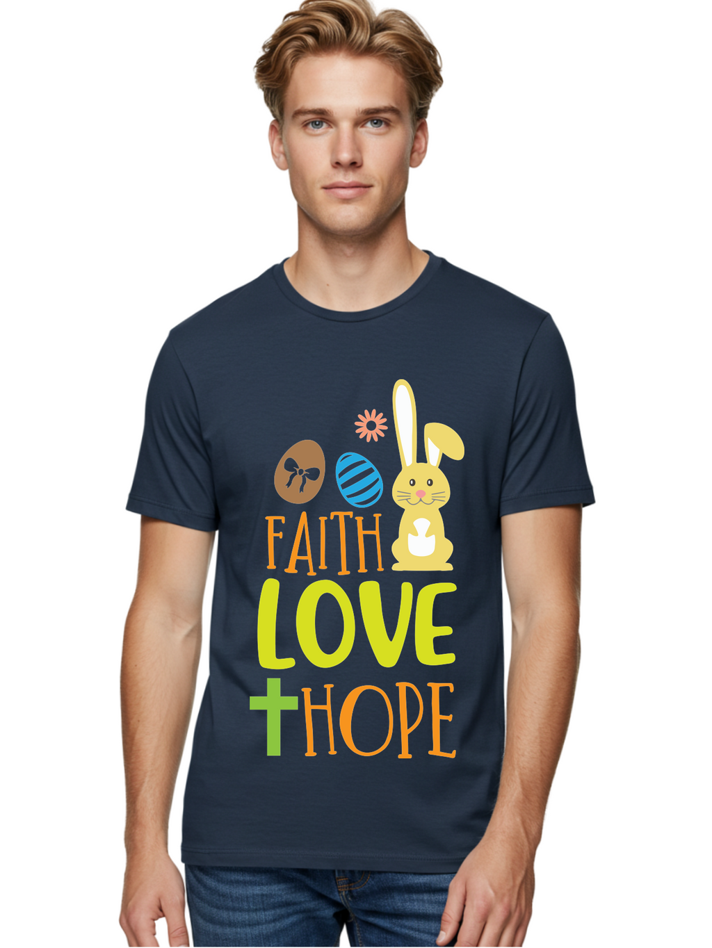 Faith-Love-Hope Men'S Graphic Tee, 100% Cotton, Comfortable Casual Summer Wear, Machine Washable, Easter Bunny, Faith Love Hope, Easter Eggs, Christian Symbolism, Inspirational Quote, Spring Theme, Pastel Colors, Holiday Design Aac703