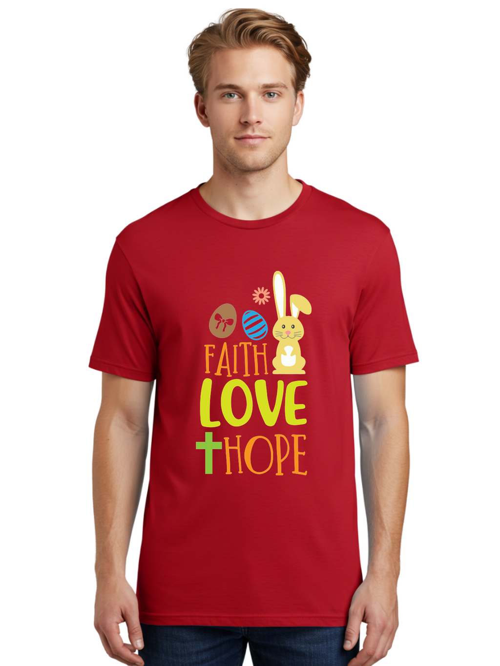 Faith-Love-Hope Men'S Graphic Tee, 100% Cotton, Comfortable Casual Summer Wear, Machine Washable, Easter Bunny, Faith Love Hope, Easter Eggs, Christian Symbolism, Inspirational Quote, Spring Theme, Pastel Colors, Holiday Design Aac703
