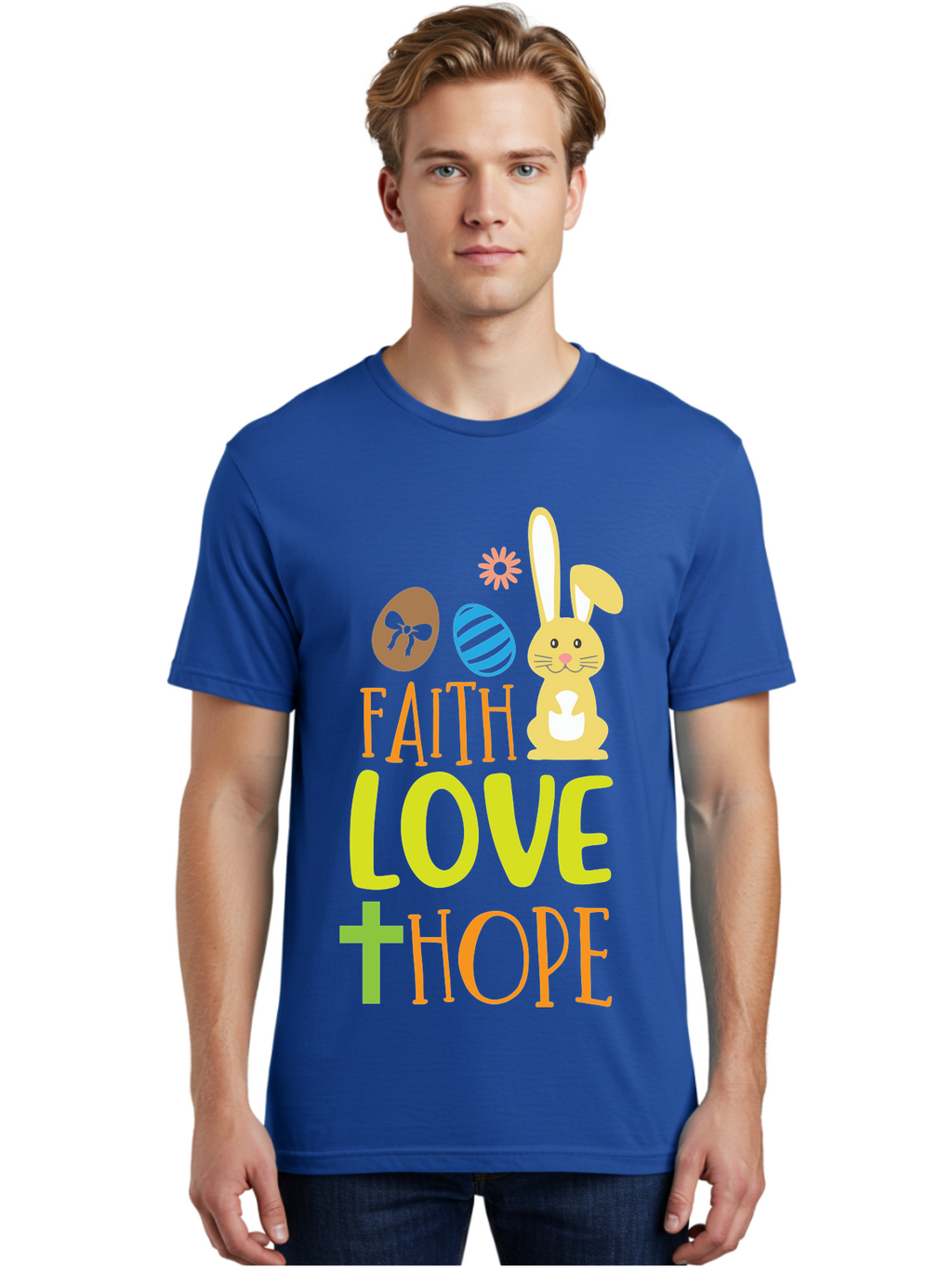 Faith-Love-Hope Men'S Graphic Tee, 100% Cotton, Comfortable Casual Summer Wear, Machine Washable, Easter Bunny, Faith Love Hope, Easter Eggs, Christian Symbolism, Inspirational Quote, Spring Theme, Pastel Colors, Holiday Design Aac703