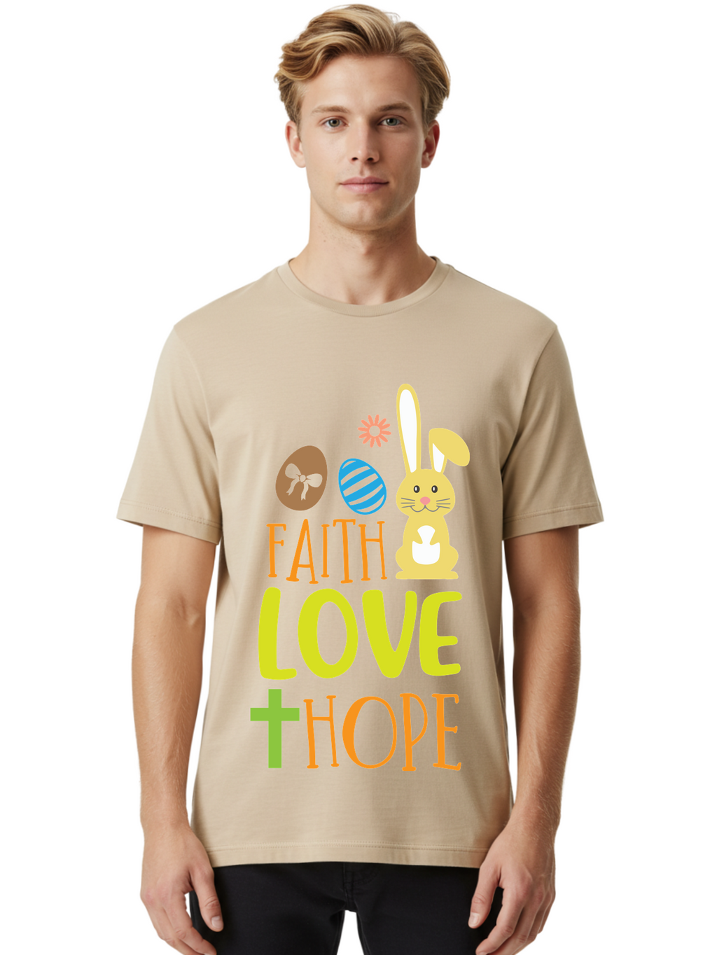 Faith-Love-Hope Men'S Graphic Tee, 100% Cotton, Comfortable Casual Summer Wear, Machine Washable, Easter Bunny, Faith Love Hope, Easter Eggs, Christian Symbolism, Inspirational Quote, Spring Theme, Pastel Colors, Holiday Design Aac703