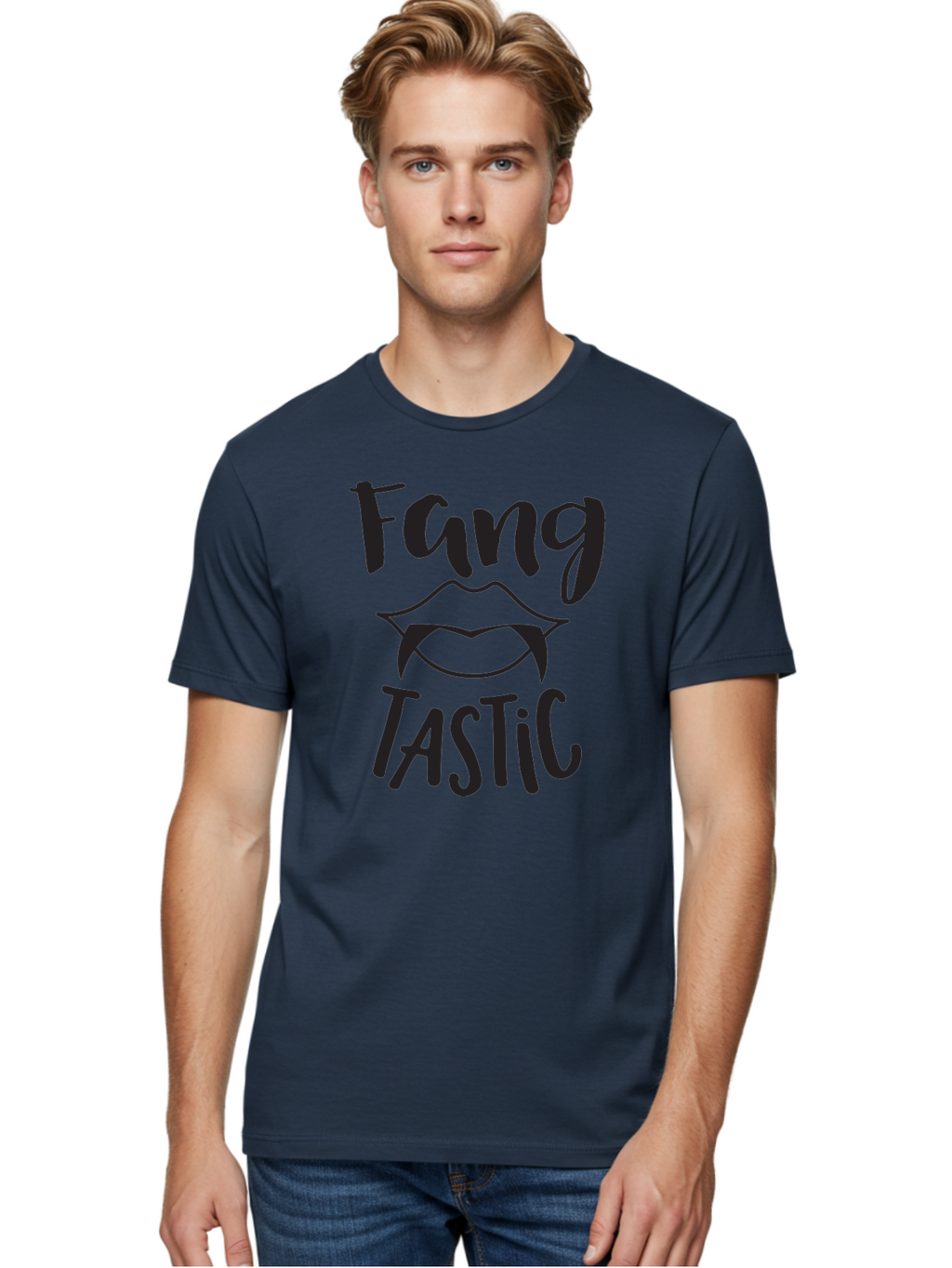 Fang-Tastic Men'S Graphic Tee, 100% Cotton, Comfortable Casual Summer Wear, Machine Washable, Vampire Fangs, Dark Humor, Fang Tastic, Gothic Style, Spooky Chic, Vampire-Inspired, Edgy Fashion, Bold Graphics, Playful Typography Aac706
