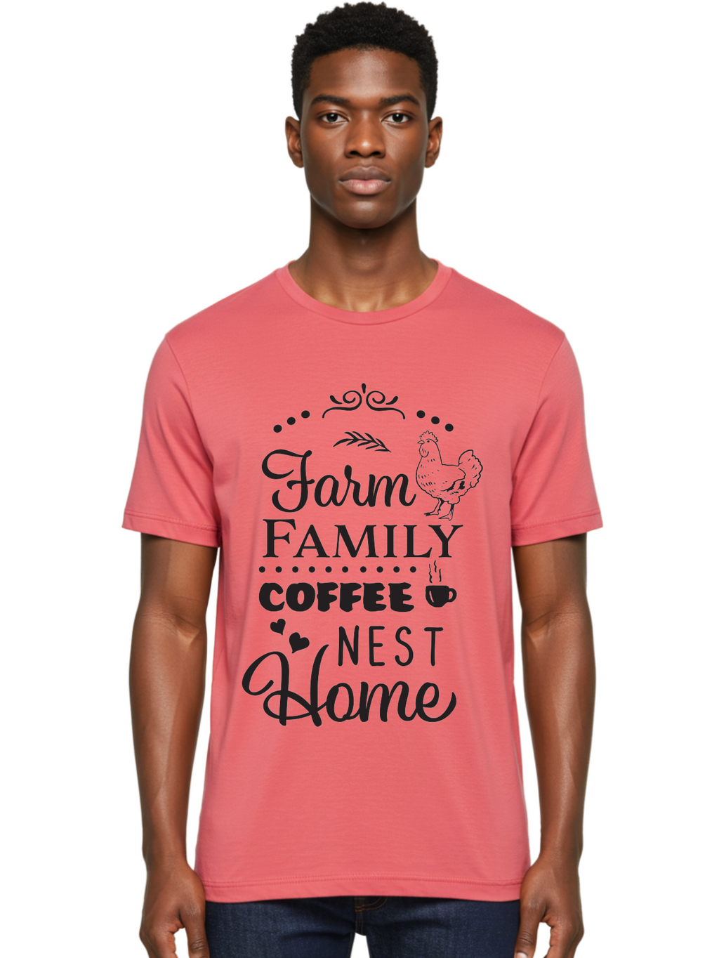 Farm-Family-Coffee-Nest-Home Men'S Graphic Tee, 100% Cotton, Comfortable Casual Summer Wear, Machine Washable, Farmhouse Decor, Family Love, Coffee Lovers, Cozy Home, Chicken Theme, Rustic Charm, Home Sweet Home, Farm Fresh Aac707