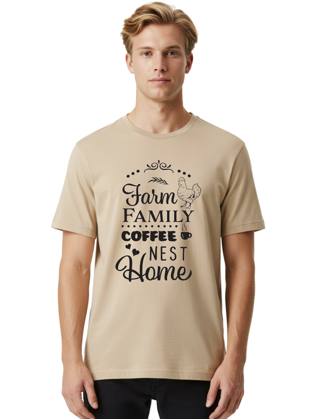 Farm-Family-Coffee-Nest-Home Men'S Graphic Tee, 100% Cotton, Comfortable Casual Summer Wear, Machine Washable, Farmhouse Decor, Family Love, Coffee Lovers, Cozy Home, Chicken Theme, Rustic Charm, Home Sweet Home, Farm Fresh Aac707