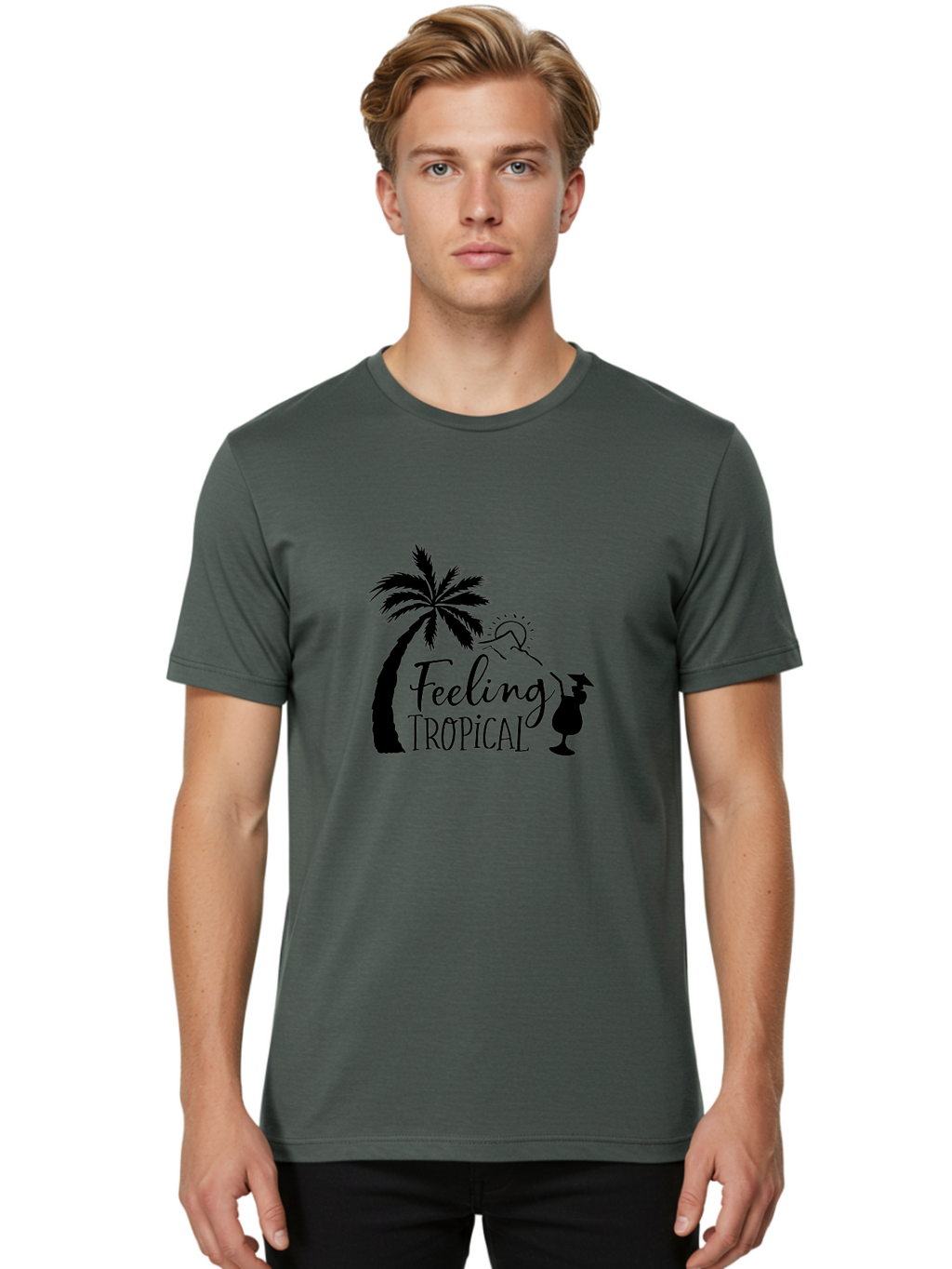 Feeling-Tropical Men'S Graphic Tee, 100% Cotton, Comfortable Casual Summer Wear, Machine Washable, Tropical Getaway, Palm Tree, Cocktail, Summer Vibes, Vacation Mode, Sun, Fun, Relaxation, Beach Life, Tropical Drinks Aac714