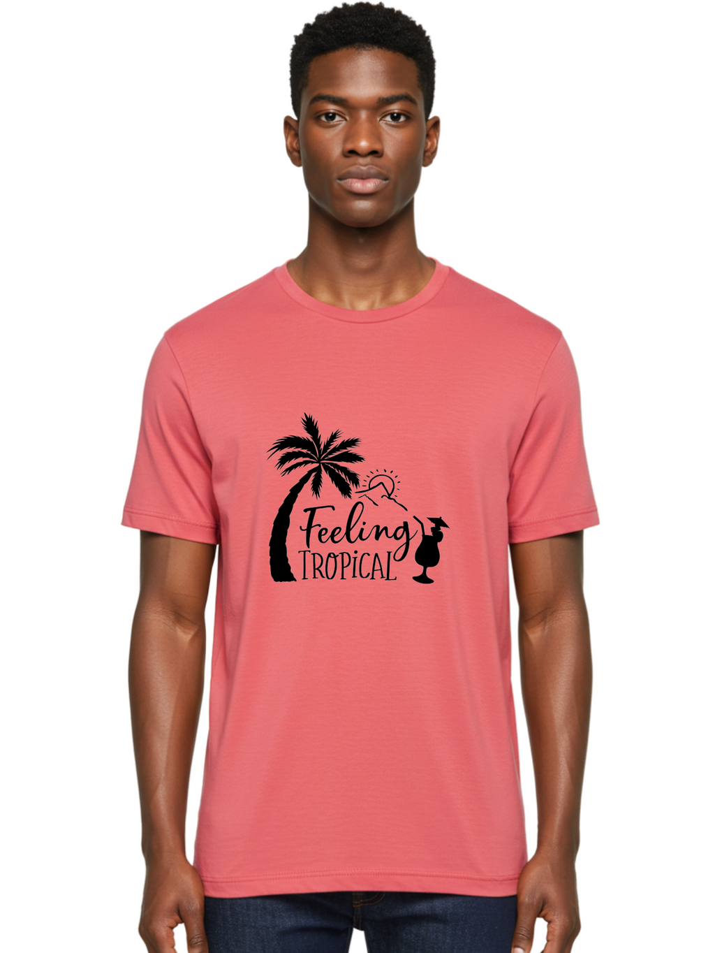 Feeling-Tropical Men'S Graphic Tee, 100% Cotton, Comfortable Casual Summer Wear, Machine Washable, Tropical Getaway, Palm Tree, Cocktail, Summer Vibes, Vacation Mode, Sun, Fun, Relaxation, Beach Life, Tropical Drinks Aac714