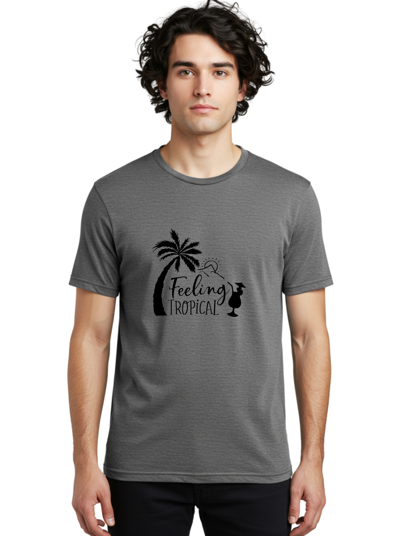 Feeling-Tropical Men'S Graphic Tee, 100% Cotton, Comfortable Casual Summer Wear, Machine Washable, Tropical Getaway, Palm Tree, Cocktail, Summer Vibes, Vacation Mode, Sun, Fun, Relaxation, Beach Life, Tropical Drinks Aac714