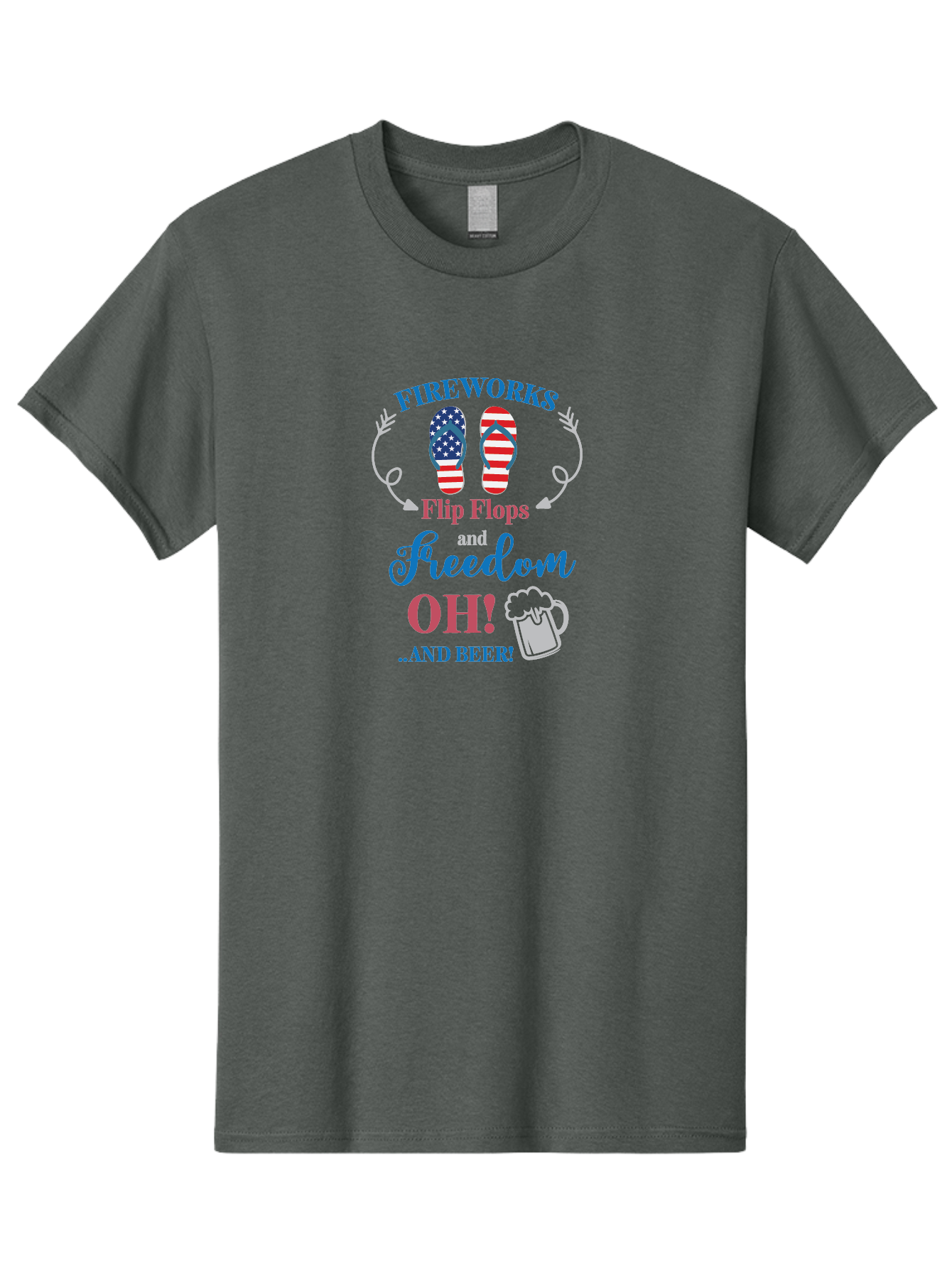 Fireworks-Flip-Flops-And-Freedom-Oh-And-Beer Men'S Graphic Tee, 100% Cotton, Comfortable Casual Summer Wear, Machine Washable, 4Th Of July Celebration, American Flag Flip Flops, Fireworks Display, Freedom Theme, Beer Mug, Aac717