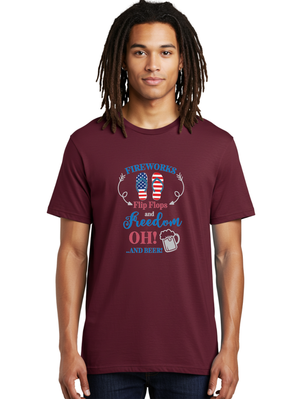 Fireworks-Flip-Flops-And-Freedom-Oh-And-Beer Men'S Graphic Tee, 100% Cotton, Comfortable Casual Summer Wear, Machine Washable, 4Th Of July Celebration, American Flag Flip Flops, Fireworks Display, Freedom Theme, Beer Mug, Aac717