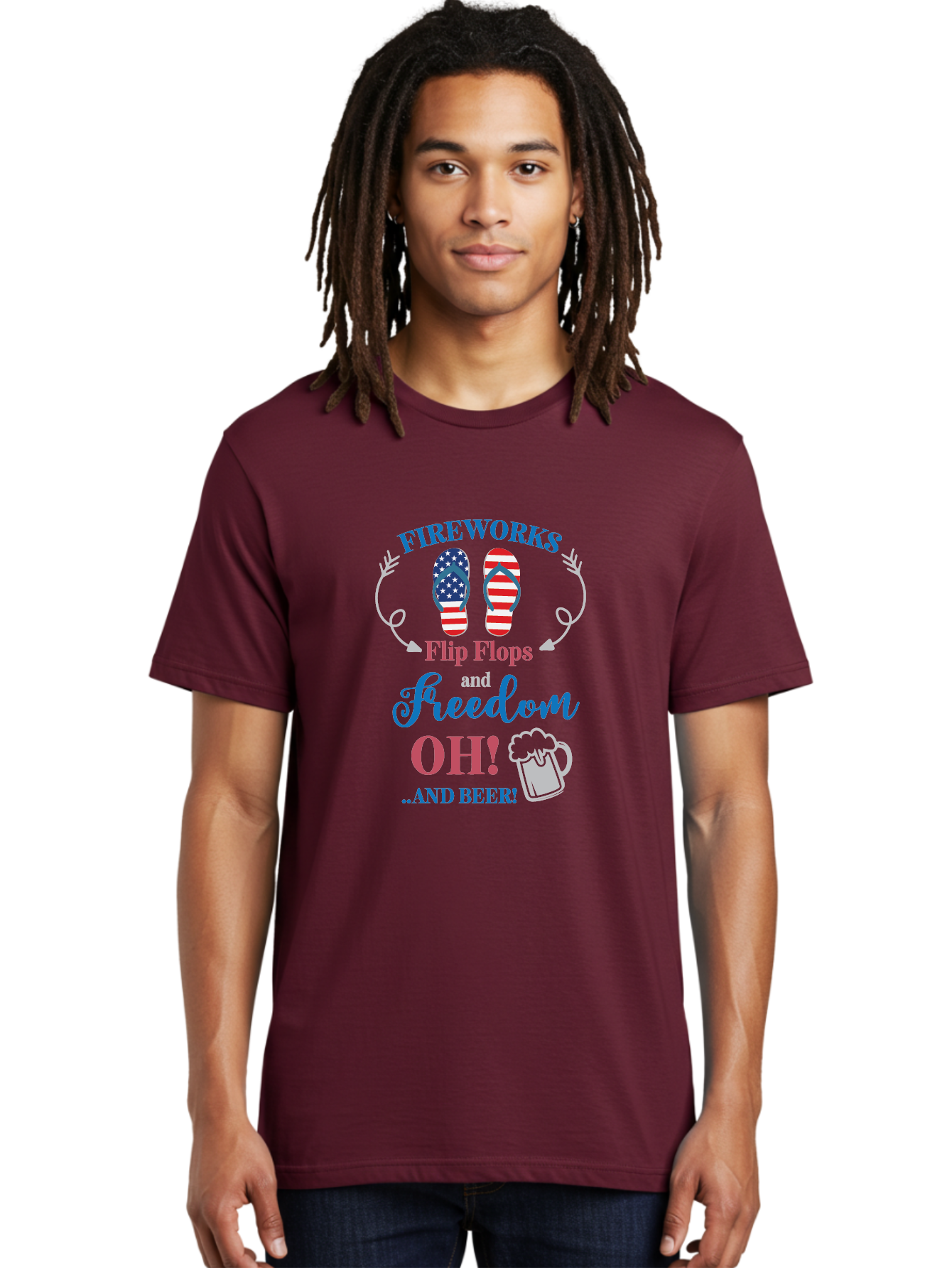 Fireworks-Flip-Flops-And-Freedom-Oh-And-Beer Men'S Graphic Tee, 100% Cotton, Comfortable Casual Summer Wear, Machine Washable, 4Th Of July Celebration, American Flag Flip Flops, Fireworks Display, Freedom Theme, Beer Mug, Aac717