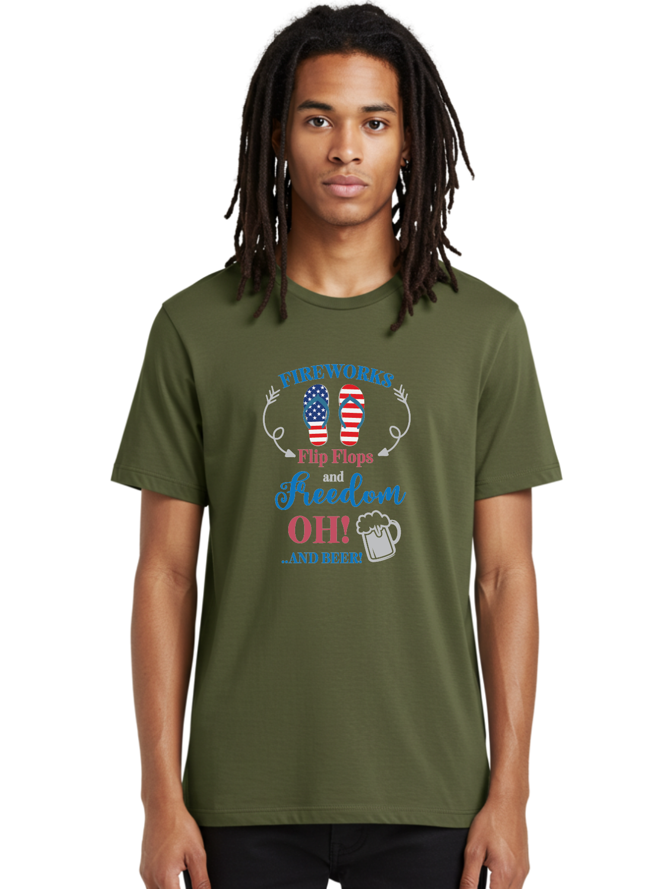 Fireworks-Flip-Flops-And-Freedom-Oh-And-Beer Men'S Graphic Tee, 100% Cotton, Comfortable Casual Summer Wear, Machine Washable, 4Th Of July Celebration, American Flag Flip Flops, Fireworks Display, Freedom Theme, Beer Mug, Aac717