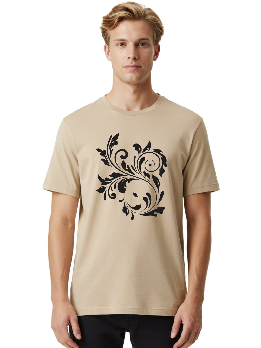 Floral-Design Men'S Graphic Tee, 100% Cotton, Comfortable Casual Summer Wear, Machine Washable, Floral Design, Black Floral, Swirling Leaves, Curved Petals, Artistic Decoration, Elegant Motif, Intricate Pattern, Luxury Decor Aac724