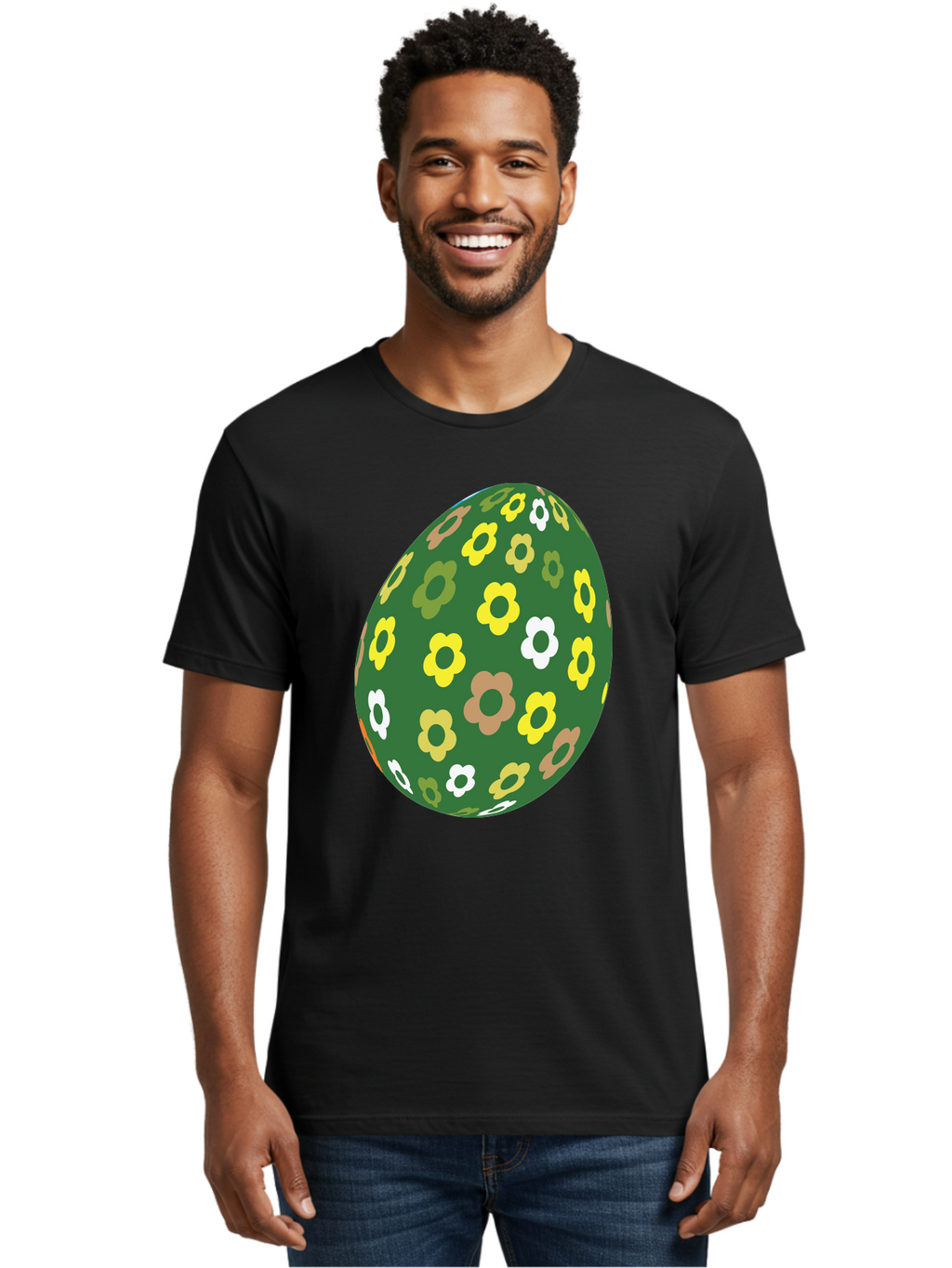 Floral-Easter-Egg-2 Men'S Graphic Tee, 100% Cotton, Comfortable Casual Summer Wear, Machine Washable, Easter Egg, Floral Pattern, Yellow Flowers, White Flowers, Green Egg, Easter Decoration, Spring Theme, Festive Design, Colorful Graphic, Aac726