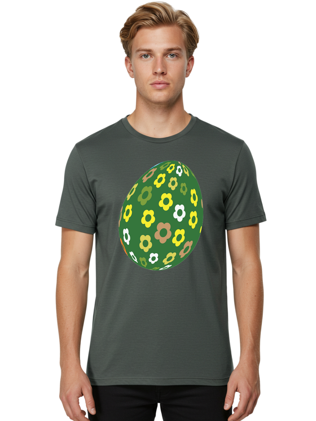 Floral-Easter-Egg-2 Men'S Graphic Tee, 100% Cotton, Comfortable Casual Summer Wear, Machine Washable, Easter Egg, Floral Pattern, Yellow Flowers, White Flowers, Green Egg, Easter Decoration, Spring Theme, Festive Design, Colorful Graphic, Aac726