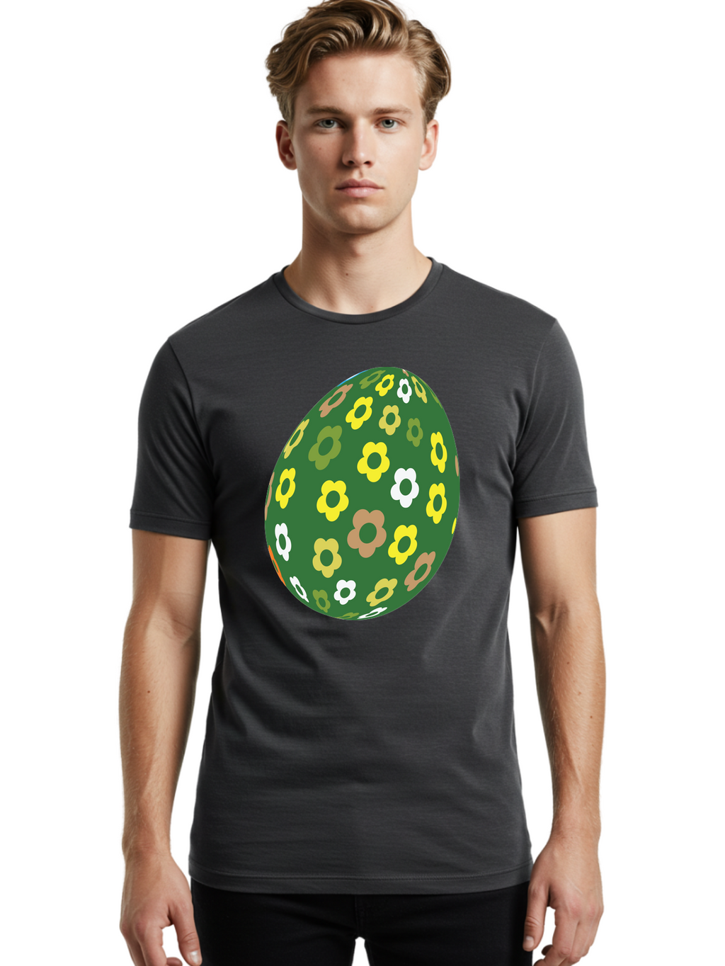 Floral-Easter-Egg-2 Men'S Graphic Tee, 100% Cotton, Comfortable Casual Summer Wear, Machine Washable, Easter Egg, Floral Pattern, Yellow Flowers, White Flowers, Green Egg, Easter Decoration, Spring Theme, Festive Design, Colorful Graphic, Aac726