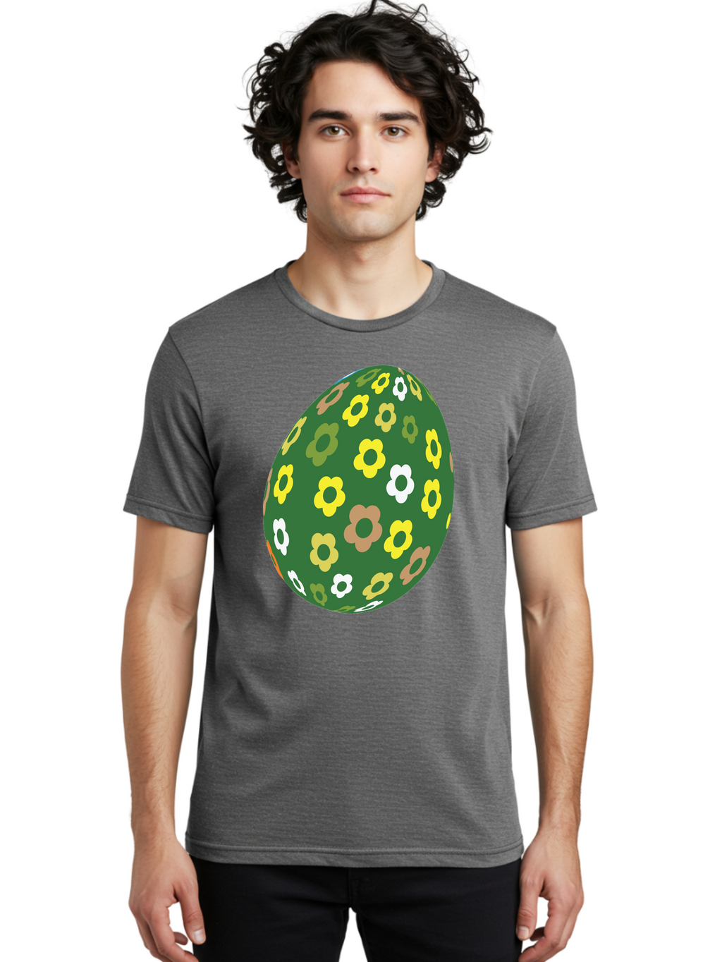 Floral-Easter-Egg-2 Men'S Graphic Tee, 100% Cotton, Comfortable Casual Summer Wear, Machine Washable, Easter Egg, Floral Pattern, Yellow Flowers, White Flowers, Green Egg, Easter Decoration, Spring Theme, Festive Design, Colorful Graphic, Aac726