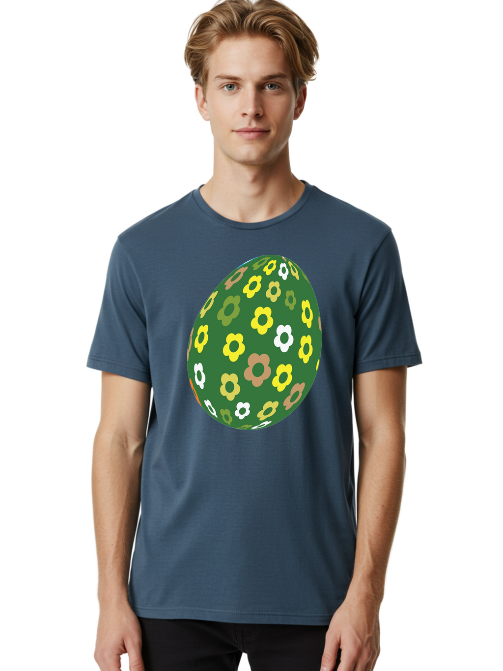 Floral-Easter-Egg-2 Men'S Graphic Tee, 100% Cotton, Comfortable Casual Summer Wear, Machine Washable, Easter Egg, Floral Pattern, Yellow Flowers, White Flowers, Green Egg, Easter Decoration, Spring Theme, Festive Design, Colorful Graphic, Aac726