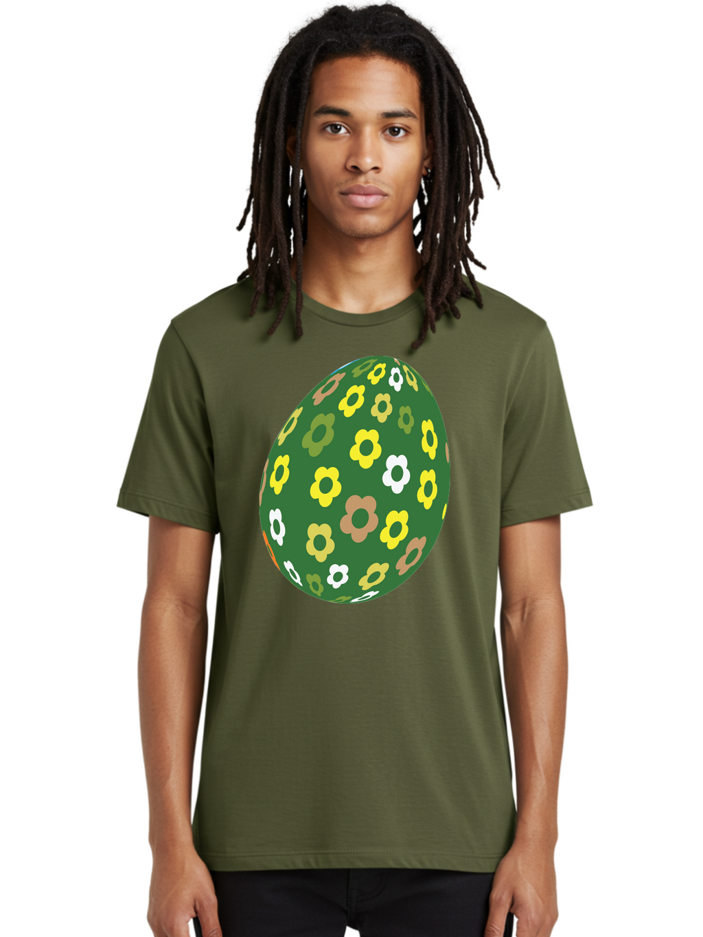 Floral-Easter-Egg-2 Men'S Graphic Tee, 100% Cotton, Comfortable Casual Summer Wear, Machine Washable, Easter Egg, Floral Pattern, Yellow Flowers, White Flowers, Green Egg, Easter Decoration, Spring Theme, Festive Design, Colorful Graphic, Aac726