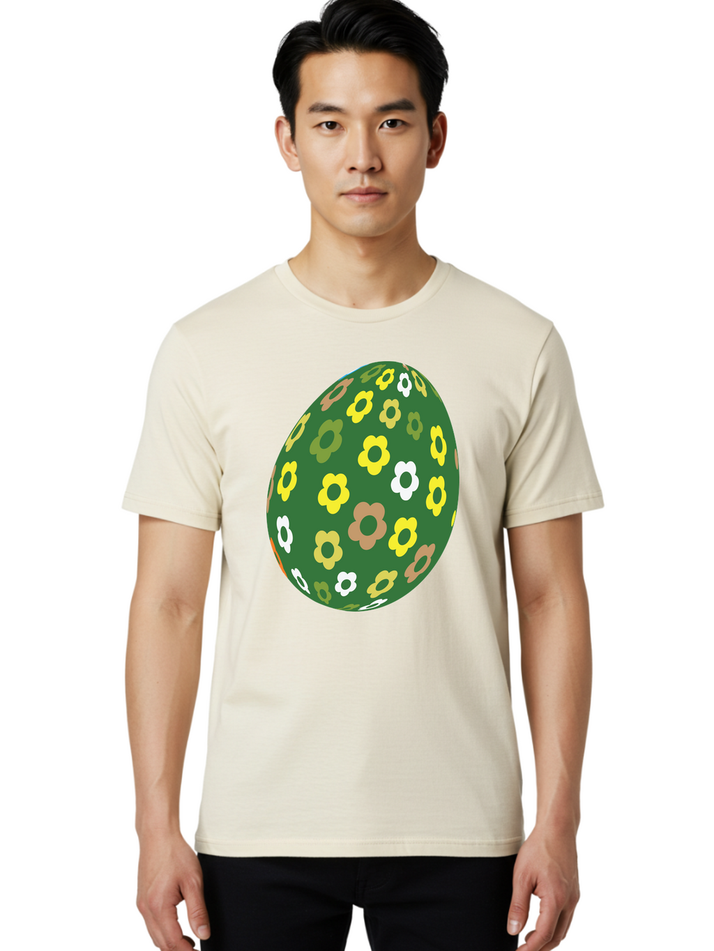 Floral-Easter-Egg-2 Men'S Graphic Tee, 100% Cotton, Comfortable Casual Summer Wear, Machine Washable, Easter Egg, Floral Pattern, Yellow Flowers, White Flowers, Green Egg, Easter Decoration, Spring Theme, Festive Design, Colorful Graphic, Aac726