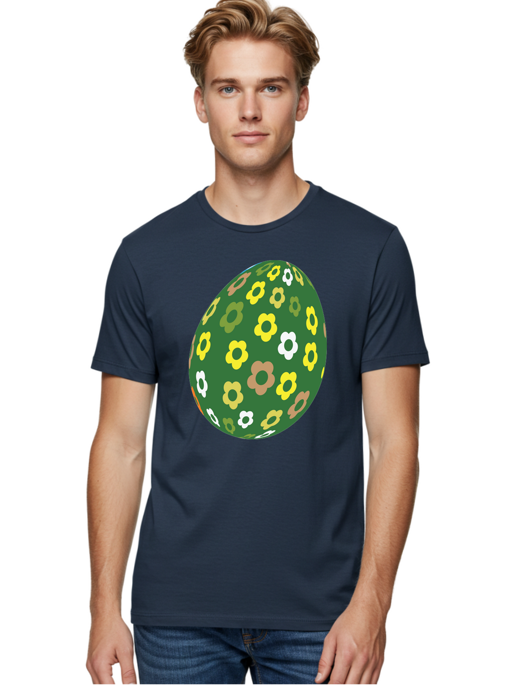 Floral-Easter-Egg-2 Men'S Graphic Tee, 100% Cotton, Comfortable Casual Summer Wear, Machine Washable, Easter Egg, Floral Pattern, Yellow Flowers, White Flowers, Green Egg, Easter Decoration, Spring Theme, Festive Design, Colorful Graphic, Aac726