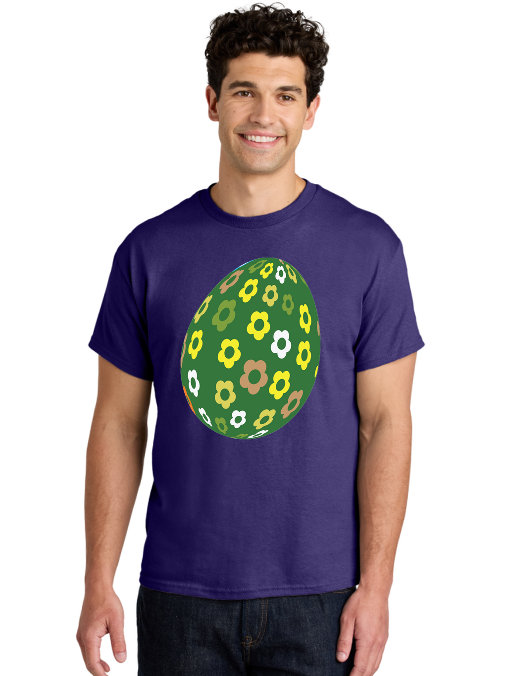 Floral-Easter-Egg-2 Men'S Graphic Tee, 100% Cotton, Comfortable Casual Summer Wear, Machine Washable, Easter Egg, Floral Pattern, Yellow Flowers, White Flowers, Green Egg, Easter Decoration, Spring Theme, Festive Design, Colorful Graphic, Aac726