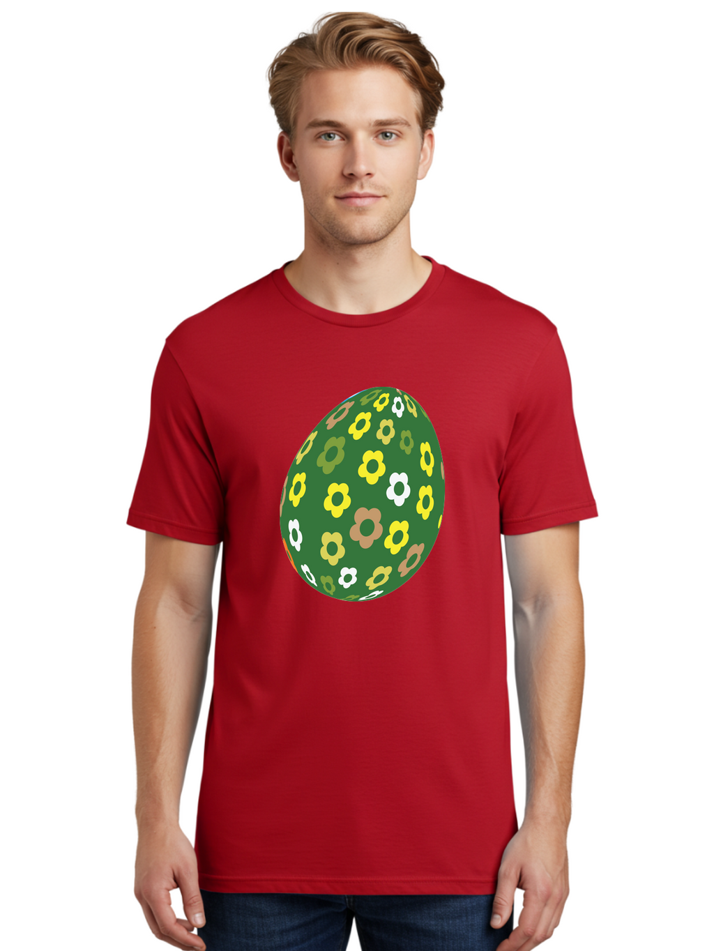 Floral-Easter-Egg-2 Men'S Graphic Tee, 100% Cotton, Comfortable Casual Summer Wear, Machine Washable, Easter Egg, Floral Pattern, Yellow Flowers, White Flowers, Green Egg, Easter Decoration, Spring Theme, Festive Design, Colorful Graphic, Aac726