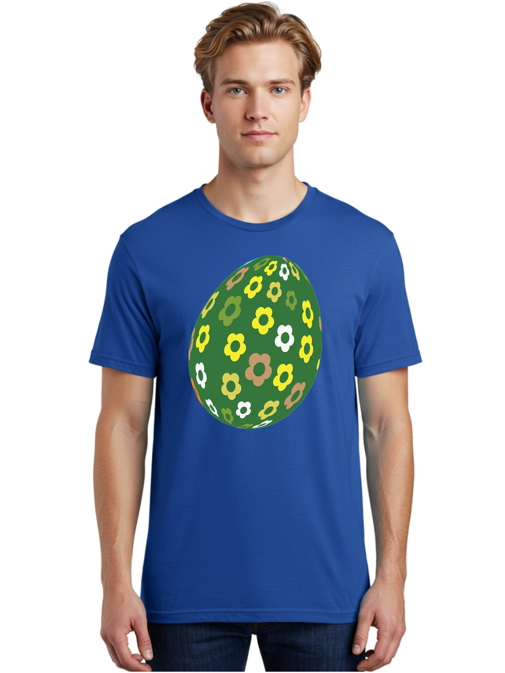 Floral-Easter-Egg-2 Men'S Graphic Tee, 100% Cotton, Comfortable Casual Summer Wear, Machine Washable, Easter Egg, Floral Pattern, Yellow Flowers, White Flowers, Green Egg, Easter Decoration, Spring Theme, Festive Design, Colorful Graphic, Aac726