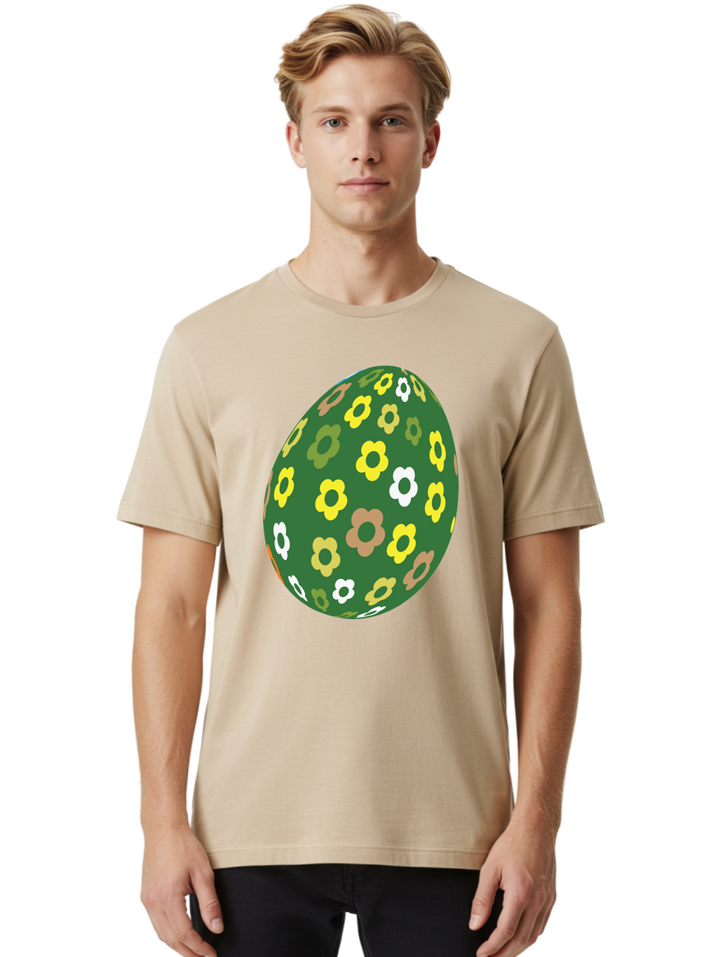 Floral-Easter-Egg-2 Men'S Graphic Tee, 100% Cotton, Comfortable Casual Summer Wear, Machine Washable, Easter Egg, Floral Pattern, Yellow Flowers, White Flowers, Green Egg, Easter Decoration, Spring Theme, Festive Design, Colorful Graphic, Aac726