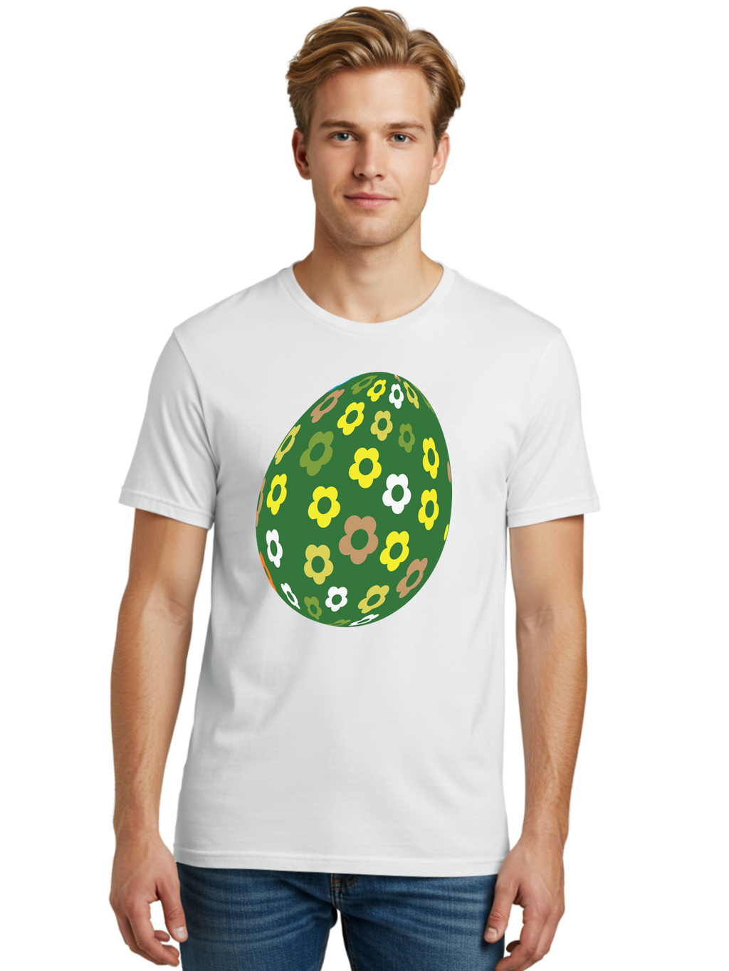 Floral-Easter-Egg-2 Men'S Graphic Tee, 100% Cotton, Comfortable Casual Summer Wear, Machine Washable, Easter Egg, Floral Pattern, Yellow Flowers, White Flowers, Green Egg, Easter Decoration, Spring Theme, Festive Design, Colorful Graphic, Aac726
