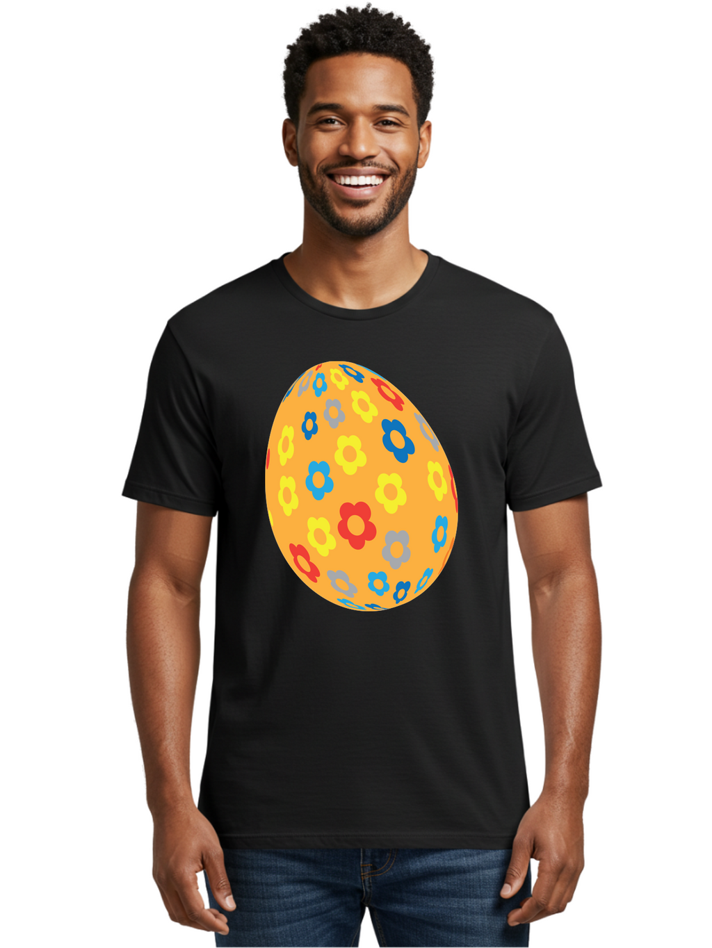 Floral-Easter-Egg Men'S Graphic Tee, 100% Cotton, Comfortable Casual Summer Wear, Machine Washable, Orange Easter Egg, Colorful Flowers, Decorative Pattern, Festive Design, Spring Theme, Vibrant Colors, Easter Decoration, Floral Motif Aac728