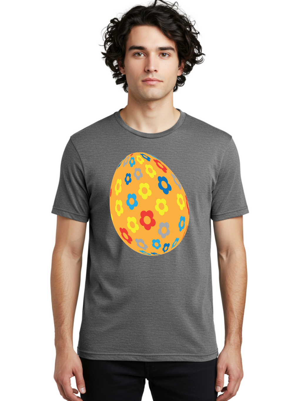 Floral-Easter-Egg Men'S Graphic Tee, 100% Cotton, Comfortable Casual Summer Wear, Machine Washable, Orange Easter Egg, Colorful Flowers, Decorative Pattern, Festive Design, Spring Theme, Vibrant Colors, Easter Decoration, Floral Motif Aac728