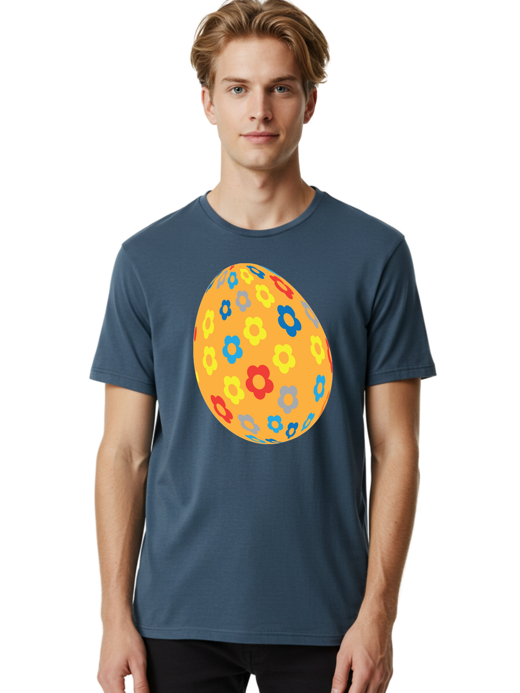 Floral-Easter-Egg Men'S Graphic Tee, 100% Cotton, Comfortable Casual Summer Wear, Machine Washable, Orange Easter Egg, Colorful Flowers, Decorative Pattern, Festive Design, Spring Theme, Vibrant Colors, Easter Decoration, Floral Motif Aac728