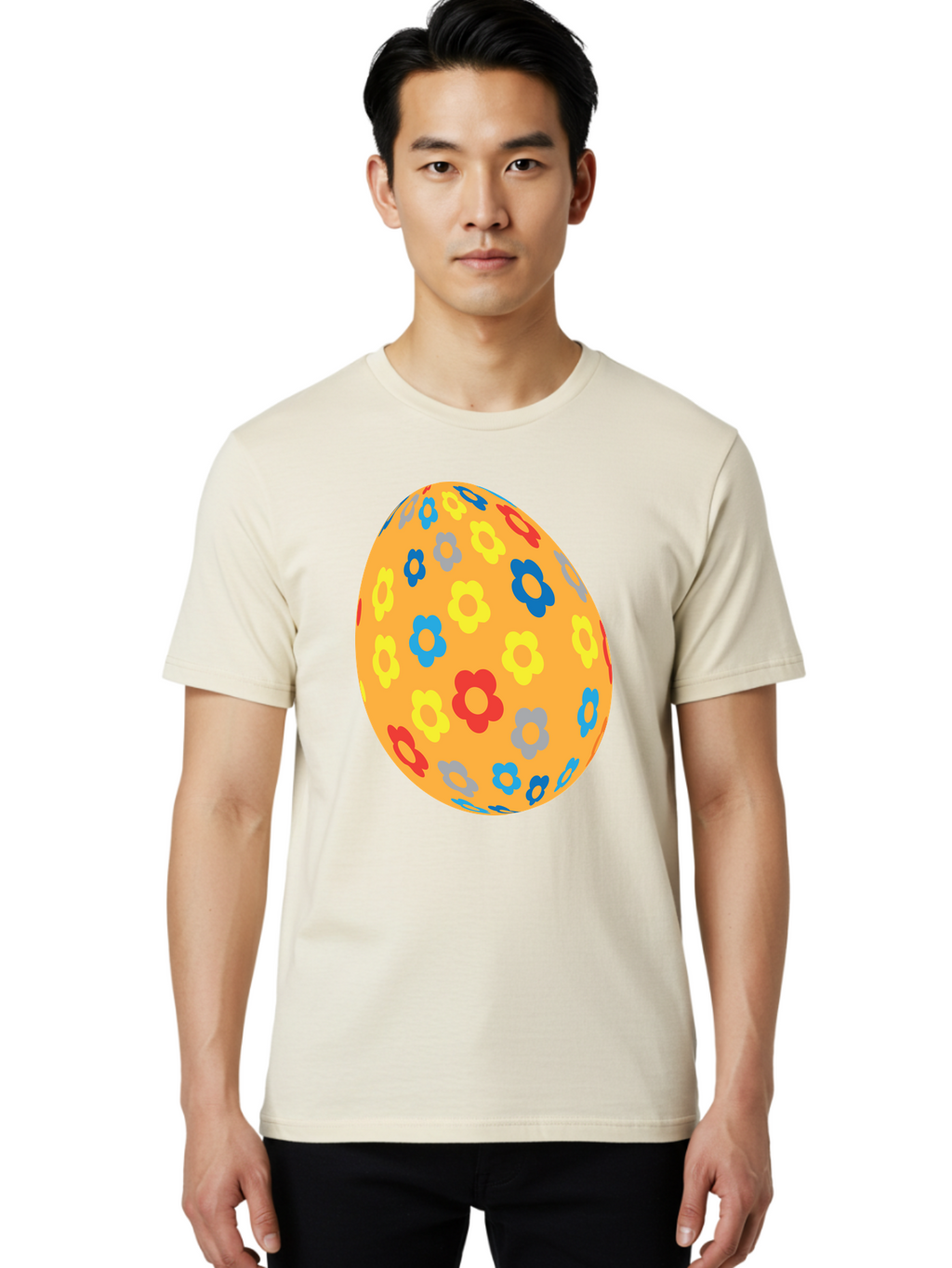 Floral-Easter-Egg Men'S Graphic Tee, 100% Cotton, Comfortable Casual Summer Wear, Machine Washable, Orange Easter Egg, Colorful Flowers, Decorative Pattern, Festive Design, Spring Theme, Vibrant Colors, Easter Decoration, Floral Motif Aac728