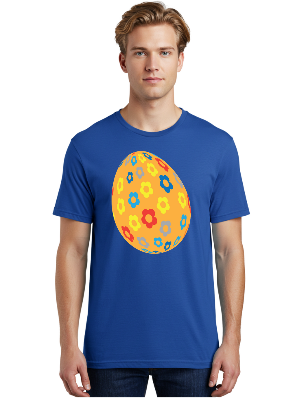 Floral-Easter-Egg Men'S Graphic Tee, 100% Cotton, Comfortable Casual Summer Wear, Machine Washable, Orange Easter Egg, Colorful Flowers, Decorative Pattern, Festive Design, Spring Theme, Vibrant Colors, Easter Decoration, Floral Motif Aac728