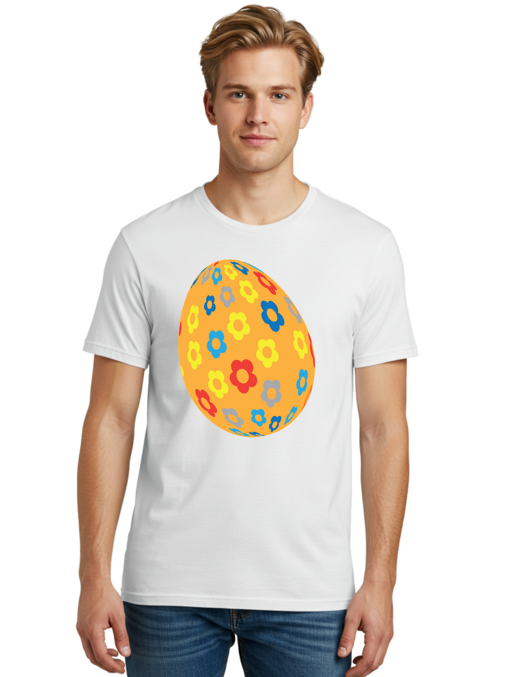 Floral-Easter-Egg Men'S Graphic Tee, 100% Cotton, Comfortable Casual Summer Wear, Machine Washable, Orange Easter Egg, Colorful Flowers, Decorative Pattern, Festive Design, Spring Theme, Vibrant Colors, Easter Decoration, Floral Motif Aac728