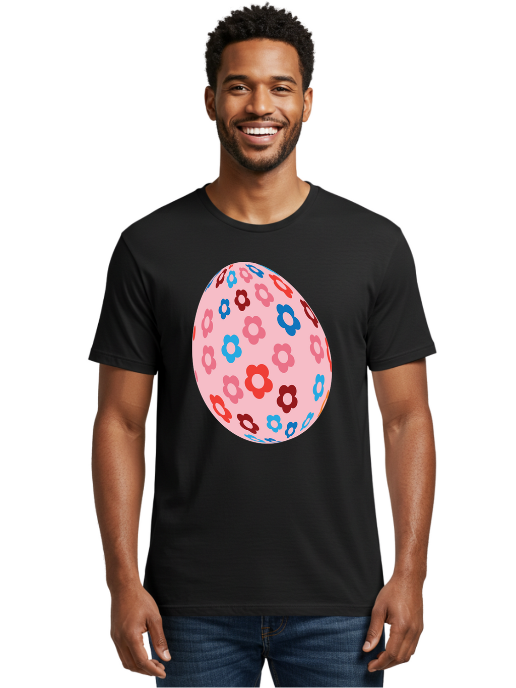 Floral-Egg-2 Men'S Graphic Tee, 100% Cotton, Comfortable Casual Summer Wear, Machine Washable, Easter Egg, Floral Pattern, Pink Background, Red Flowers, Blue Flowers, Colorful Design, Spring Theme, Easter Decoration, Digital Illustration, Aac730