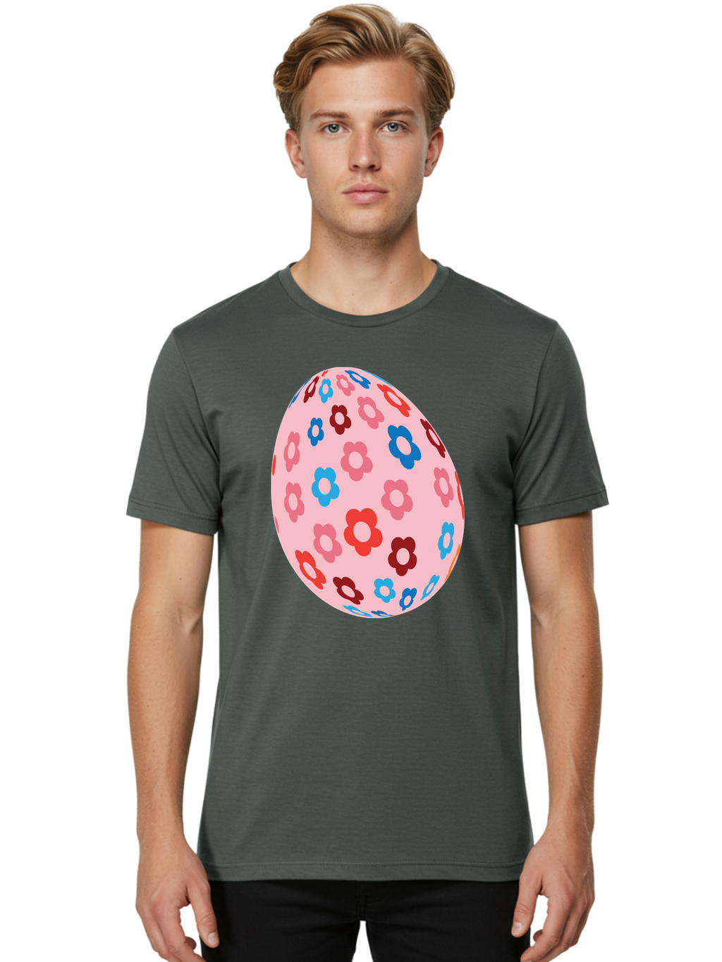 Floral-Egg-2 Men'S Graphic Tee, 100% Cotton, Comfortable Casual Summer Wear, Machine Washable, Easter Egg, Floral Pattern, Pink Background, Red Flowers, Blue Flowers, Colorful Design, Spring Theme, Easter Decoration, Digital Illustration, Aac730