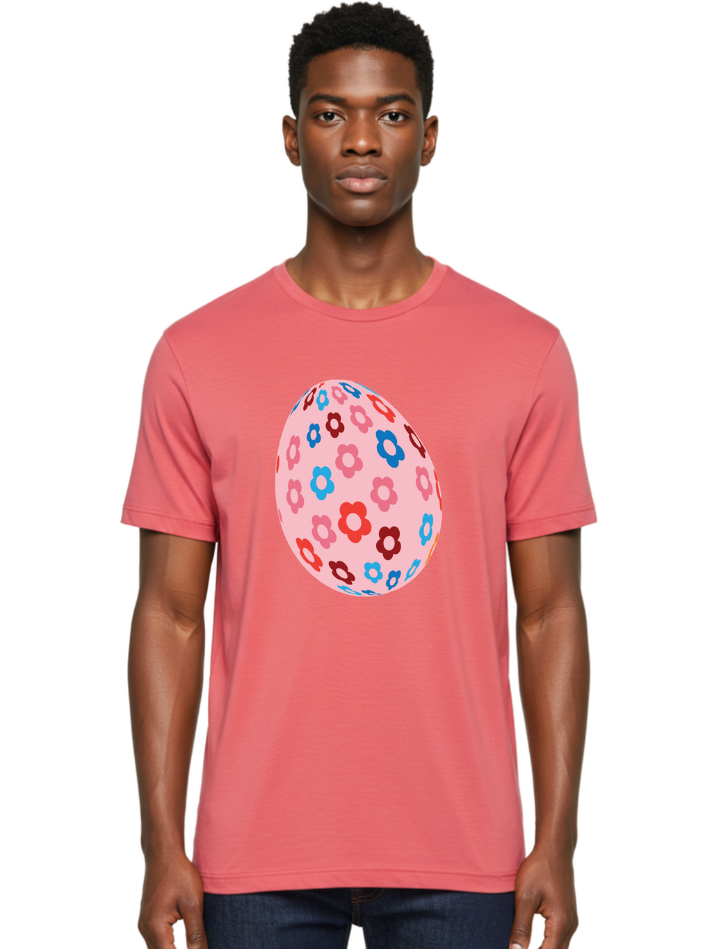 Floral-Egg-2 Men'S Graphic Tee, 100% Cotton, Comfortable Casual Summer Wear, Machine Washable, Easter Egg, Floral Pattern, Pink Background, Red Flowers, Blue Flowers, Colorful Design, Spring Theme, Easter Decoration, Digital Illustration, Aac730