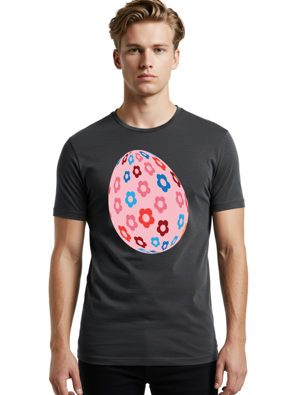 Floral-Egg-2 Men'S Graphic Tee, 100% Cotton, Comfortable Casual Summer Wear, Machine Washable, Easter Egg, Floral Pattern, Pink Background, Red Flowers, Blue Flowers, Colorful Design, Spring Theme, Easter Decoration, Digital Illustration, Aac730