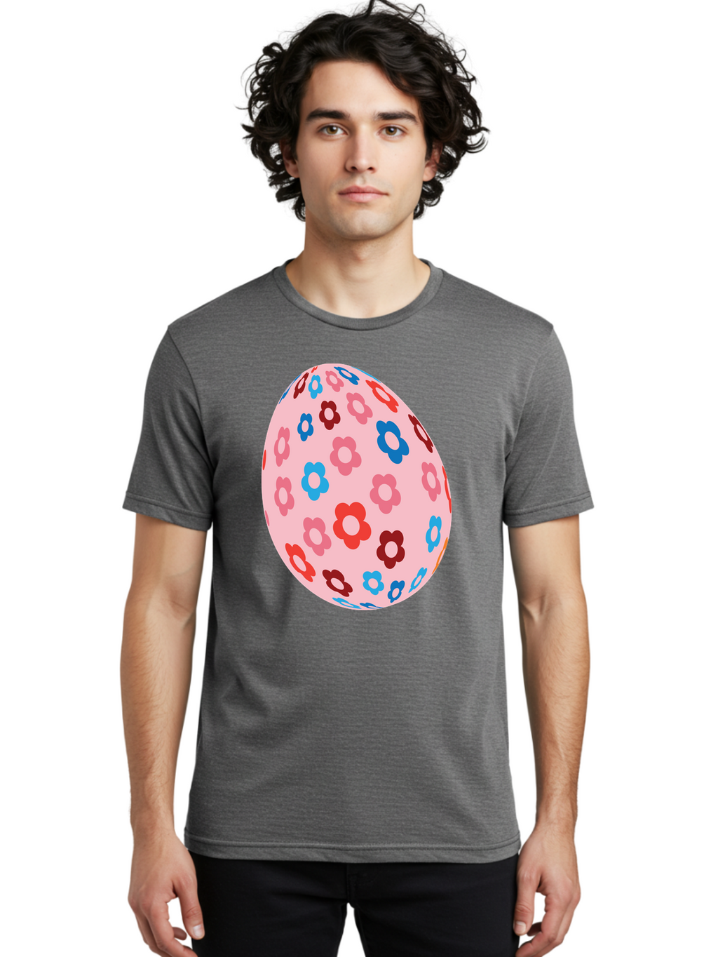 Floral-Egg-2 Men'S Graphic Tee, 100% Cotton, Comfortable Casual Summer Wear, Machine Washable, Easter Egg, Floral Pattern, Pink Background, Red Flowers, Blue Flowers, Colorful Design, Spring Theme, Easter Decoration, Digital Illustration, Aac730
