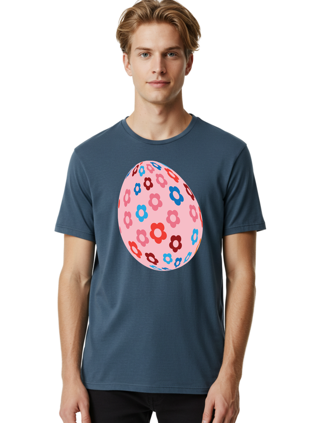 Floral-Egg-2 Men'S Graphic Tee, 100% Cotton, Comfortable Casual Summer Wear, Machine Washable, Easter Egg, Floral Pattern, Pink Background, Red Flowers, Blue Flowers, Colorful Design, Spring Theme, Easter Decoration, Digital Illustration, Aac730