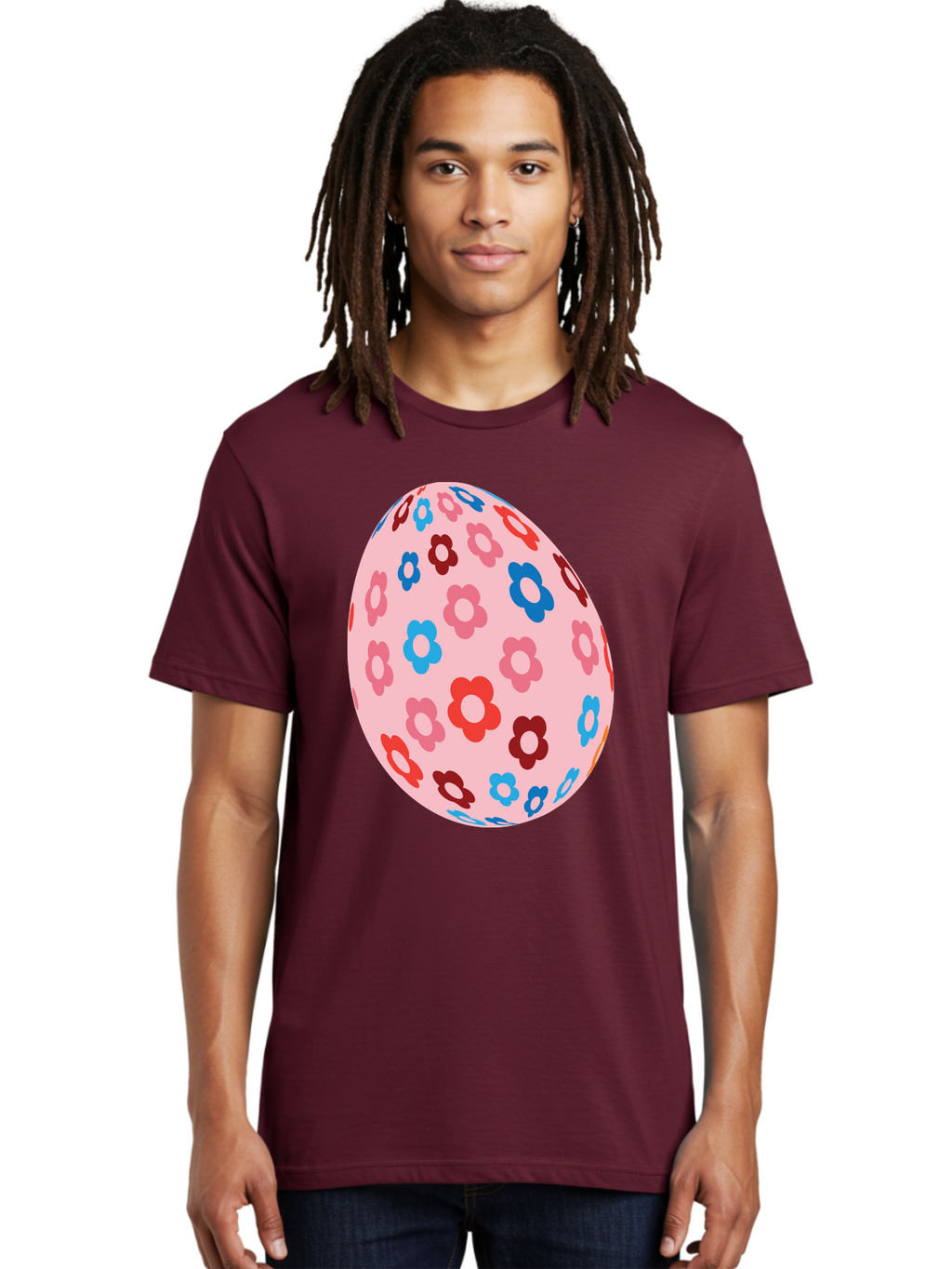 Floral-Egg-2 Men'S Graphic Tee, 100% Cotton, Comfortable Casual Summer Wear, Machine Washable, Easter Egg, Floral Pattern, Pink Background, Red Flowers, Blue Flowers, Colorful Design, Spring Theme, Easter Decoration, Digital Illustration, Aac730