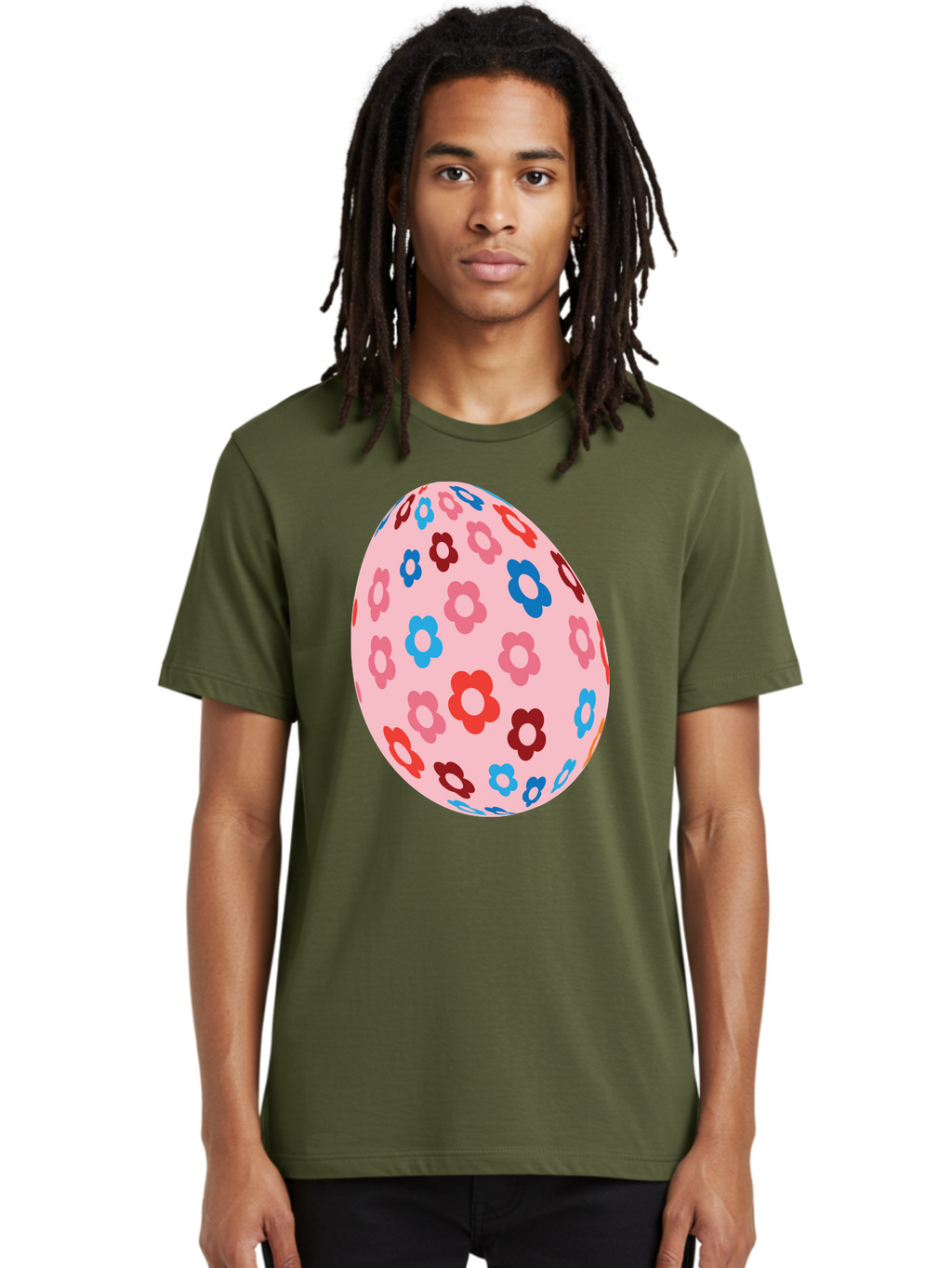 Floral-Egg-2 Men'S Graphic Tee, 100% Cotton, Comfortable Casual Summer Wear, Machine Washable, Easter Egg, Floral Pattern, Pink Background, Red Flowers, Blue Flowers, Colorful Design, Spring Theme, Easter Decoration, Digital Illustration, Aac730
