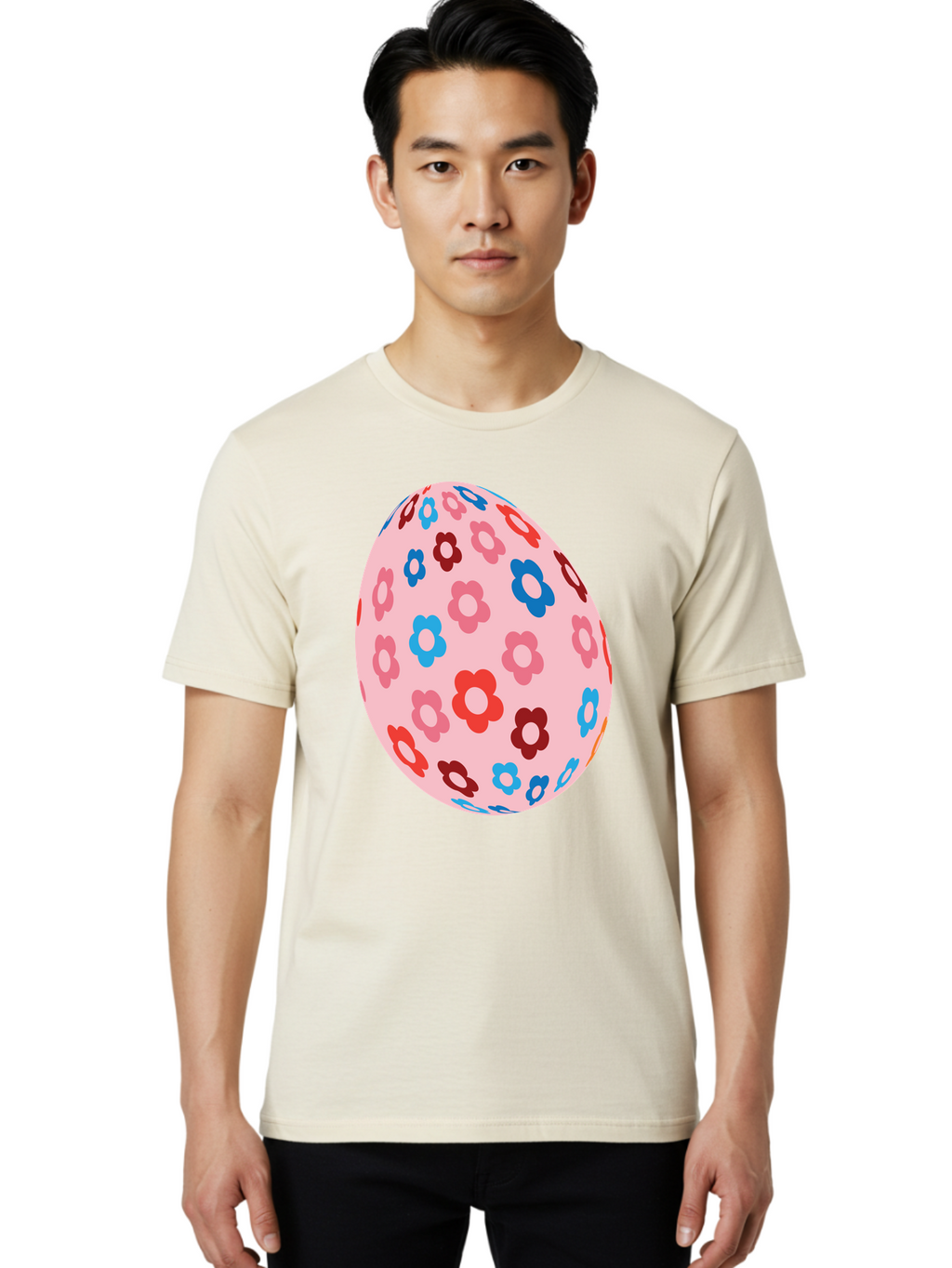 Floral-Egg-2 Men'S Graphic Tee, 100% Cotton, Comfortable Casual Summer Wear, Machine Washable, Easter Egg, Floral Pattern, Pink Background, Red Flowers, Blue Flowers, Colorful Design, Spring Theme, Easter Decoration, Digital Illustration, Aac730