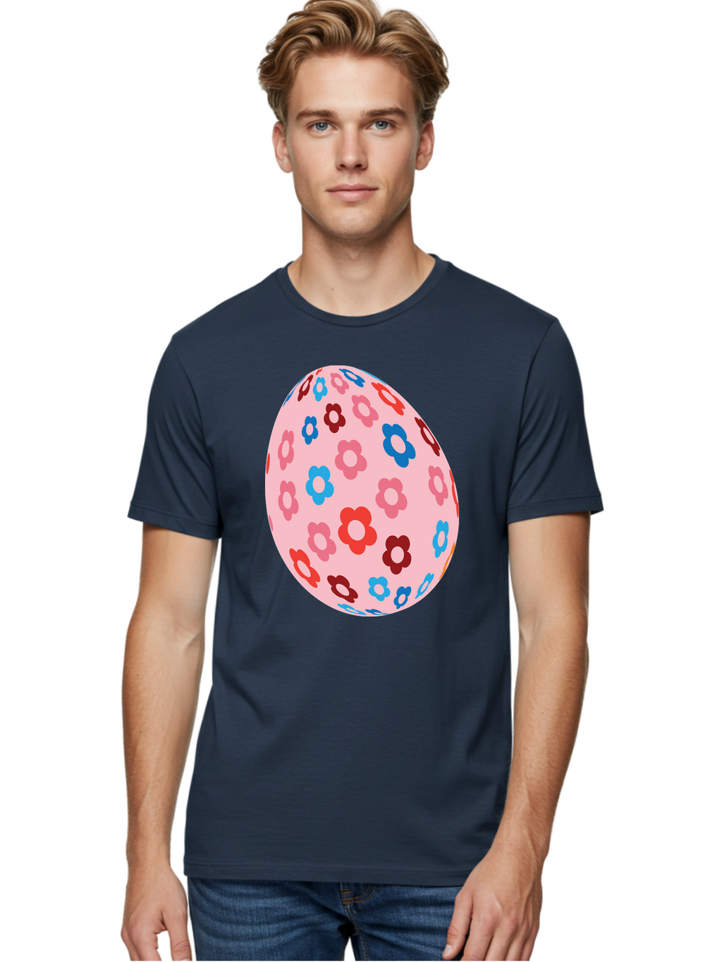 Floral-Egg-2 Men'S Graphic Tee, 100% Cotton, Comfortable Casual Summer Wear, Machine Washable, Easter Egg, Floral Pattern, Pink Background, Red Flowers, Blue Flowers, Colorful Design, Spring Theme, Easter Decoration, Digital Illustration, Aac730