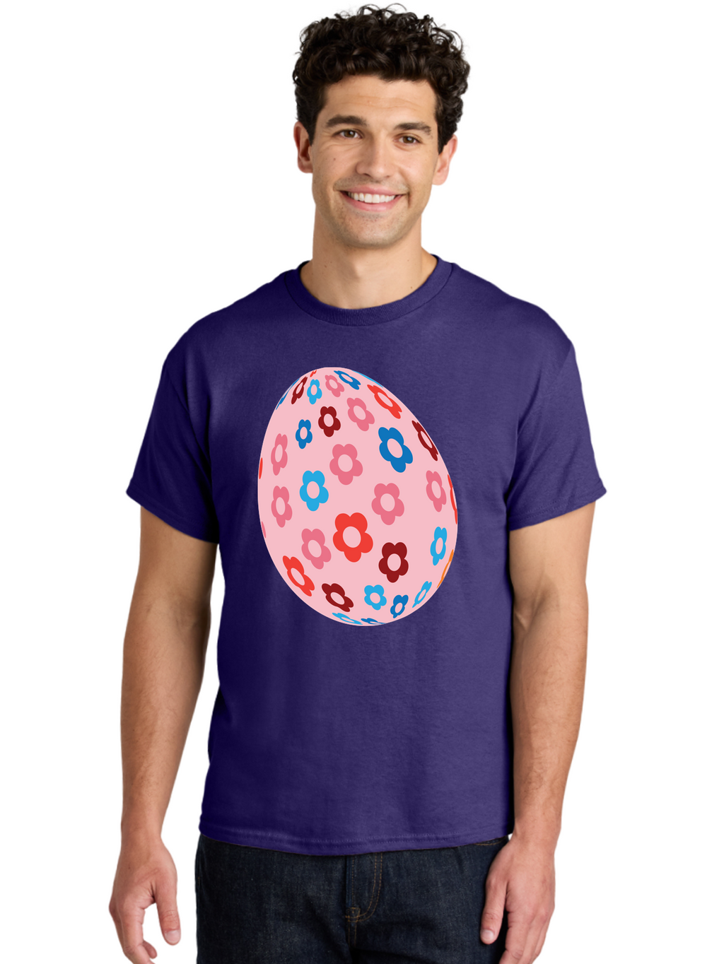 Floral-Egg-2 Men'S Graphic Tee, 100% Cotton, Comfortable Casual Summer Wear, Machine Washable, Easter Egg, Floral Pattern, Pink Background, Red Flowers, Blue Flowers, Colorful Design, Spring Theme, Easter Decoration, Digital Illustration, Aac730