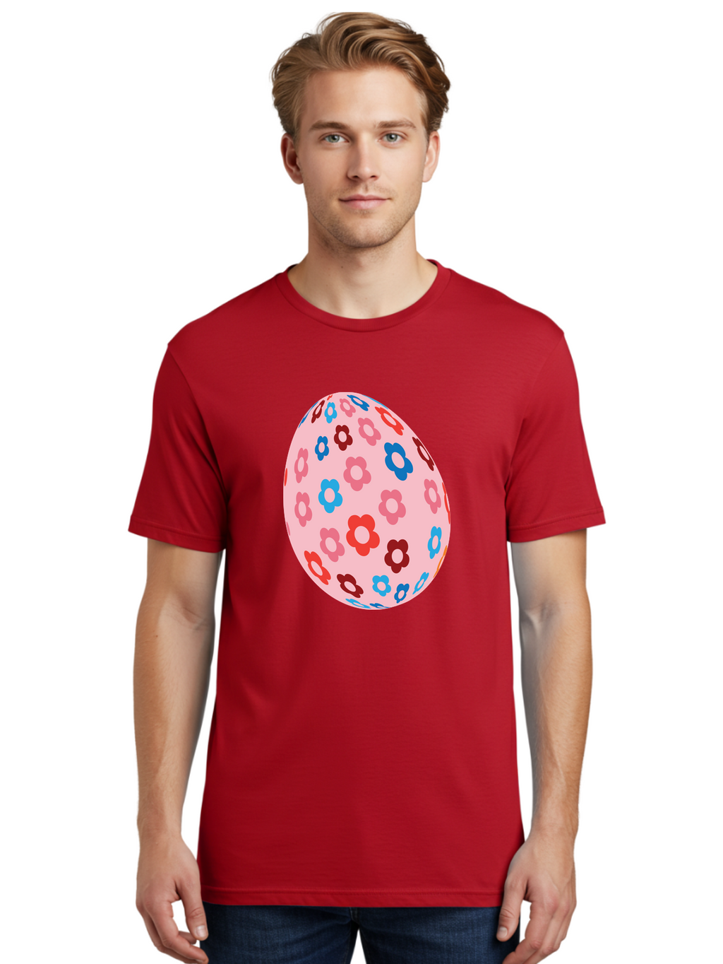 Floral-Egg-2 Men'S Graphic Tee, 100% Cotton, Comfortable Casual Summer Wear, Machine Washable, Easter Egg, Floral Pattern, Pink Background, Red Flowers, Blue Flowers, Colorful Design, Spring Theme, Easter Decoration, Digital Illustration, Aac730