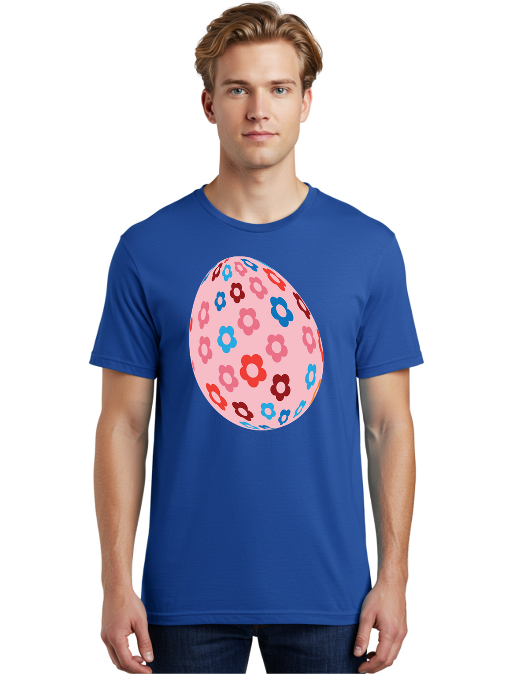 Floral-Egg-2 Men'S Graphic Tee, 100% Cotton, Comfortable Casual Summer Wear, Machine Washable, Easter Egg, Floral Pattern, Pink Background, Red Flowers, Blue Flowers, Colorful Design, Spring Theme, Easter Decoration, Digital Illustration, Aac730