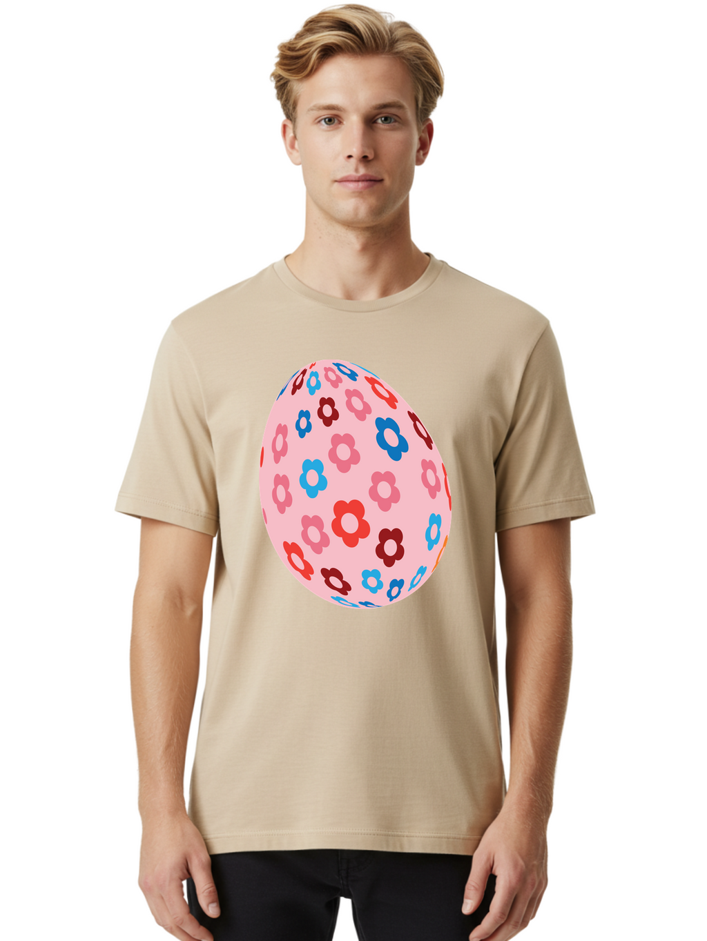 Floral-Egg-2 Men'S Graphic Tee, 100% Cotton, Comfortable Casual Summer Wear, Machine Washable, Easter Egg, Floral Pattern, Pink Background, Red Flowers, Blue Flowers, Colorful Design, Spring Theme, Easter Decoration, Digital Illustration, Aac730