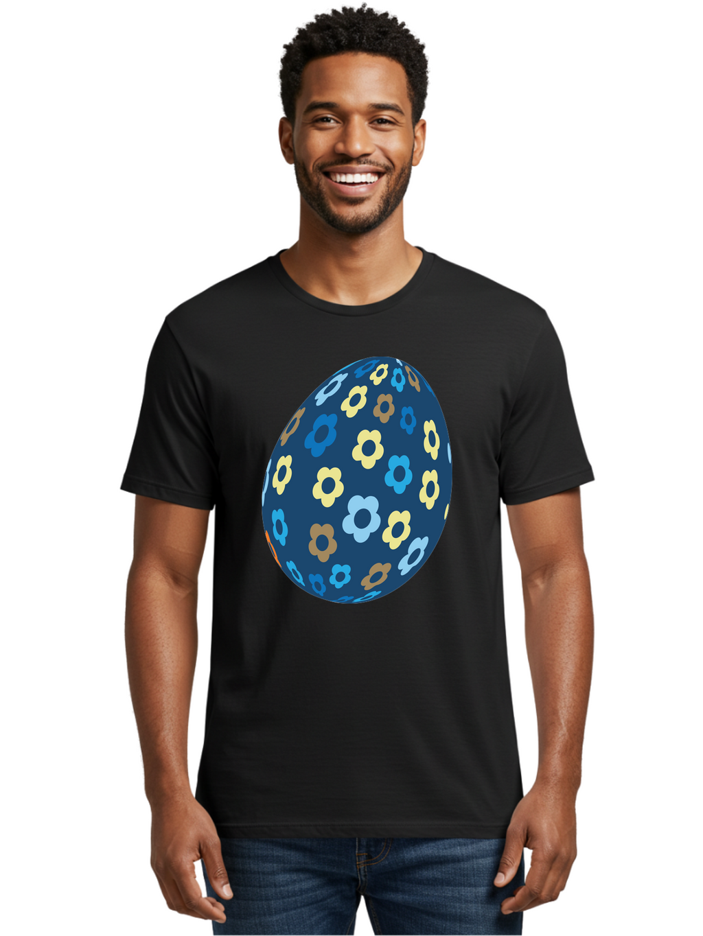 Floral-Egg-3 Men'S Graphic Tee, 100% Cotton, Comfortable Casual Summer Wear, Machine Washable, Easter Egg, Floral Pattern, Pastel Colors, Blue Egg, Yellow Flowers, Brown Flowers, Light Blue Flowers, Spring Theme, Easter Decoration Aac731